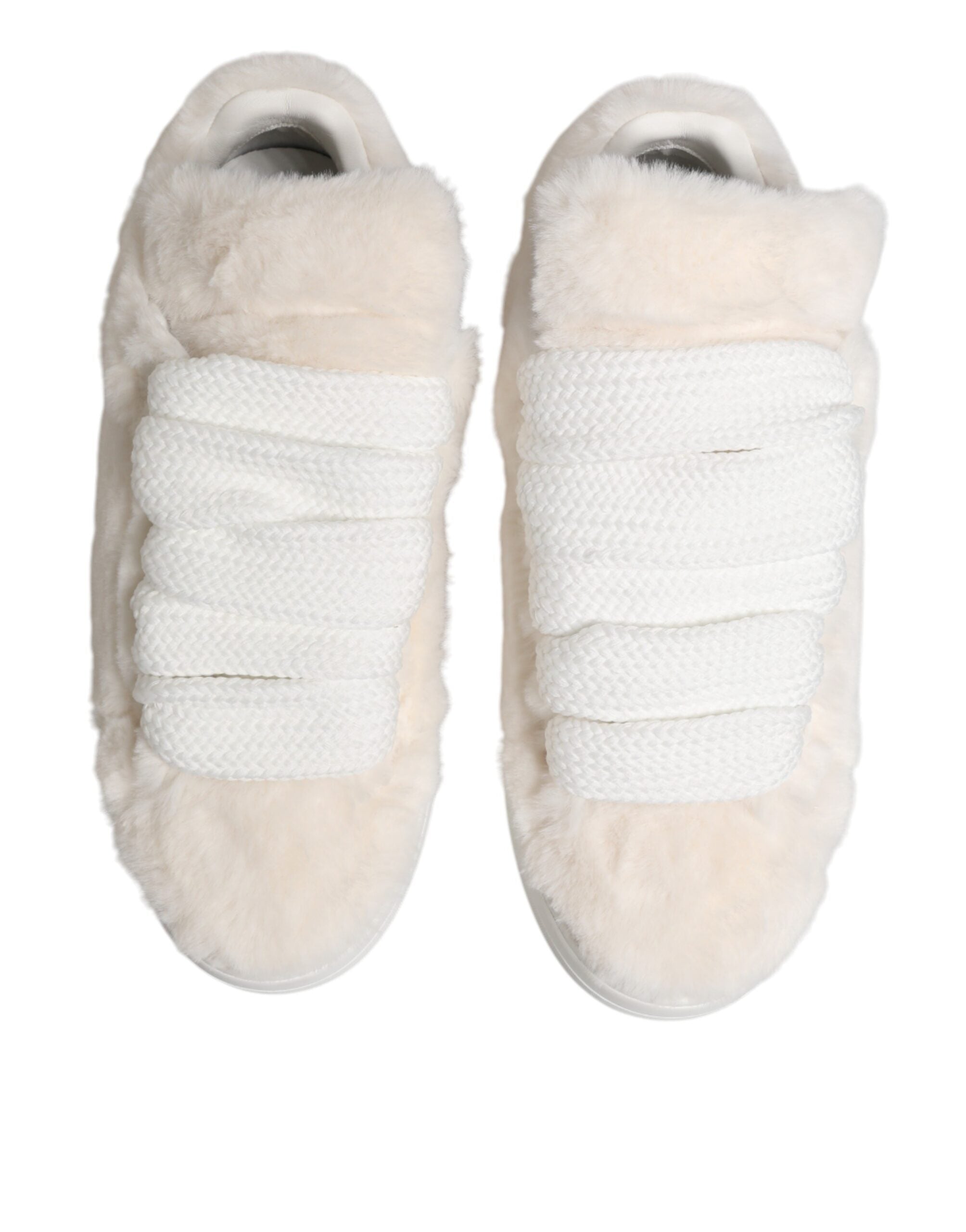 White Shearling Fur Bianco Low Top Sneakers Shoes - ventzia