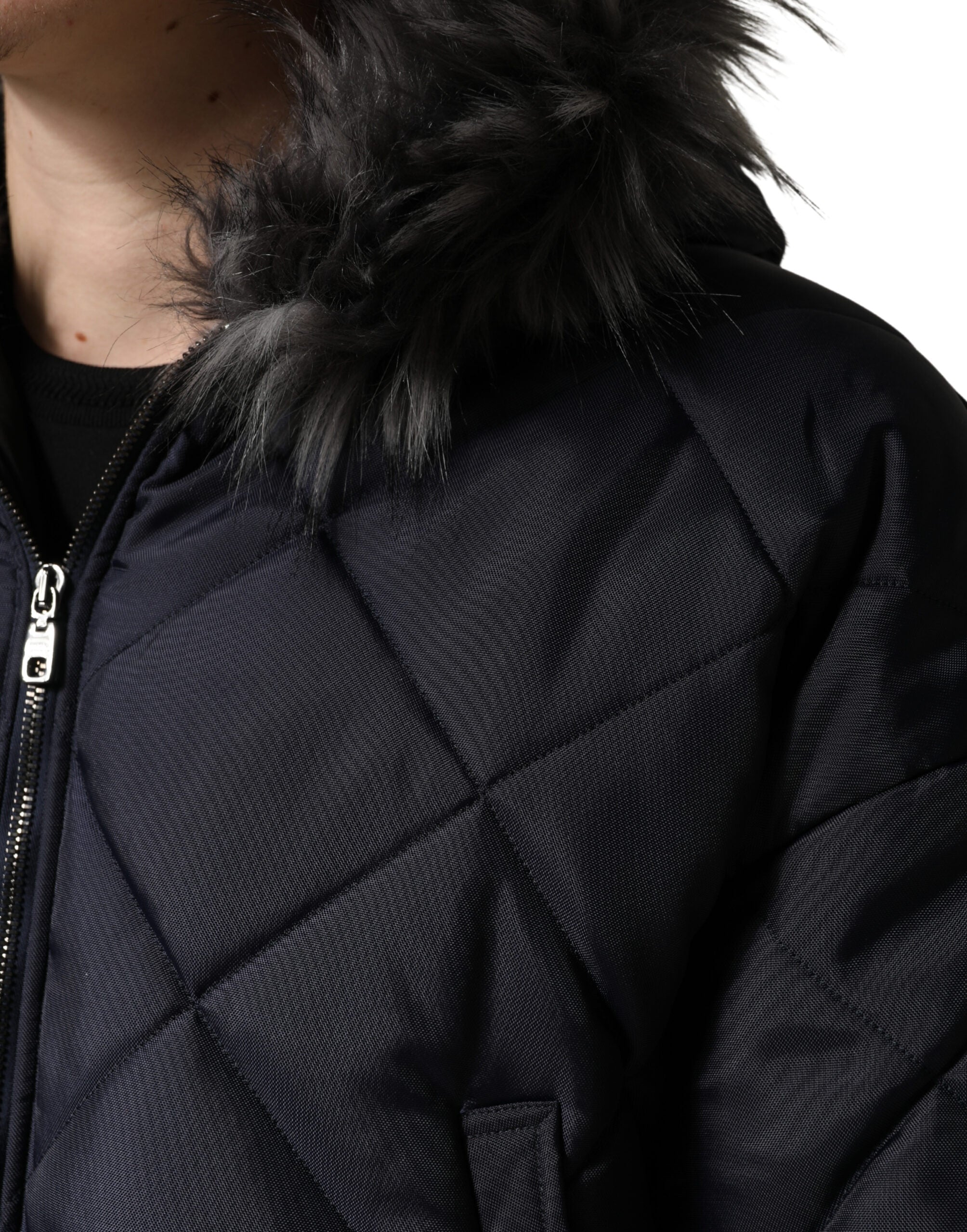 Black Quilted Fur Shearling Hooded Jacket - ventzia