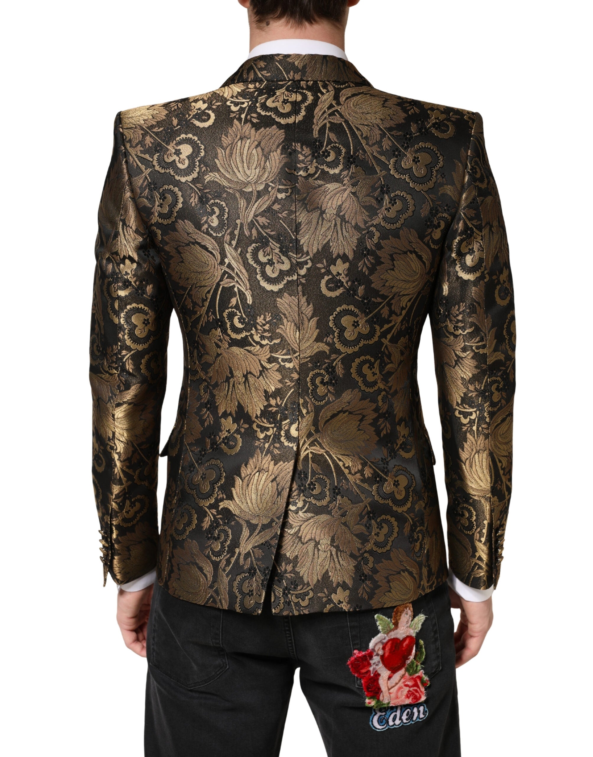 Gold Jacquard Single Breasted Tuxedo Blazer - ventzia