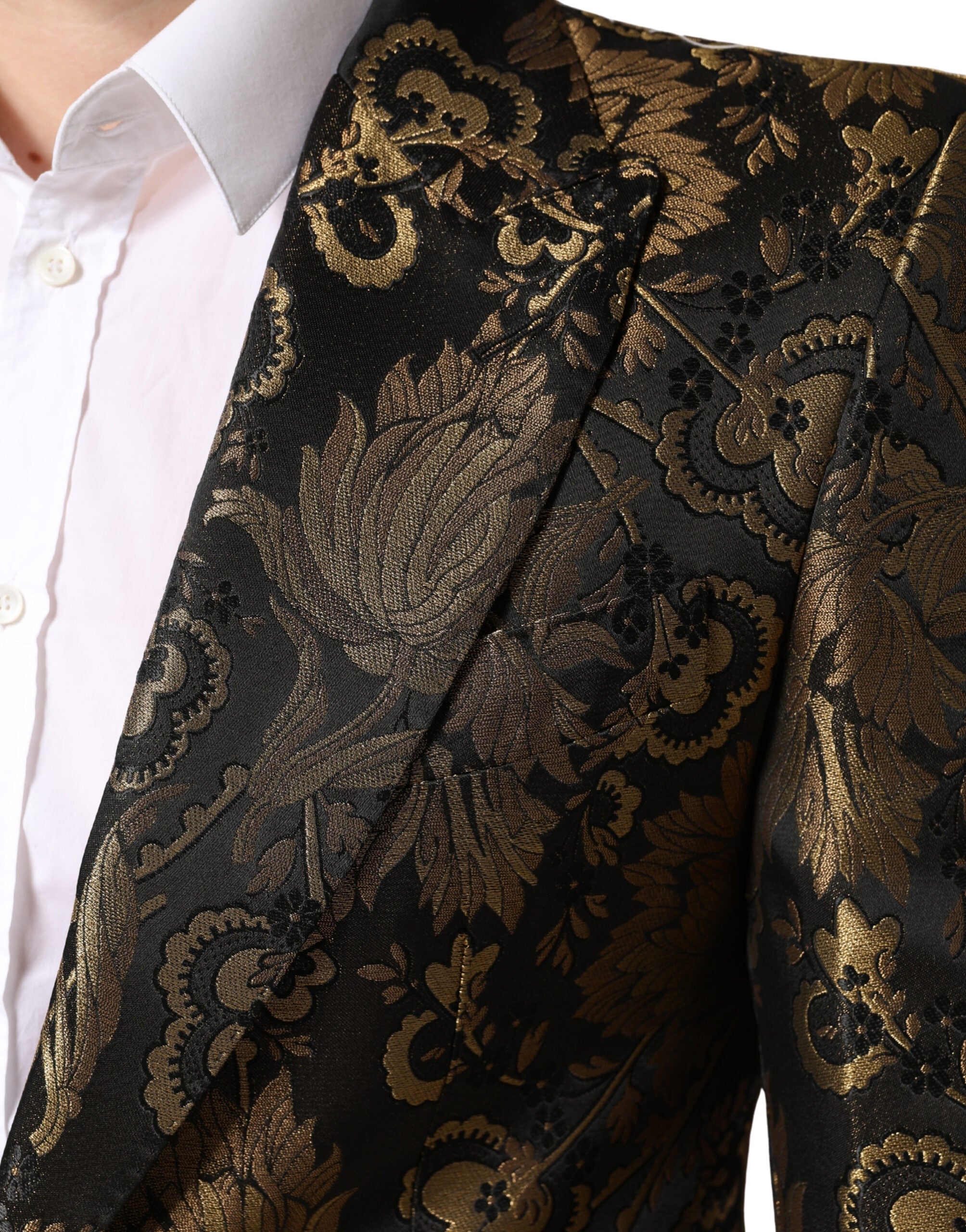 Gold Jacquard Single Breasted Tuxedo Blazer - ventzia