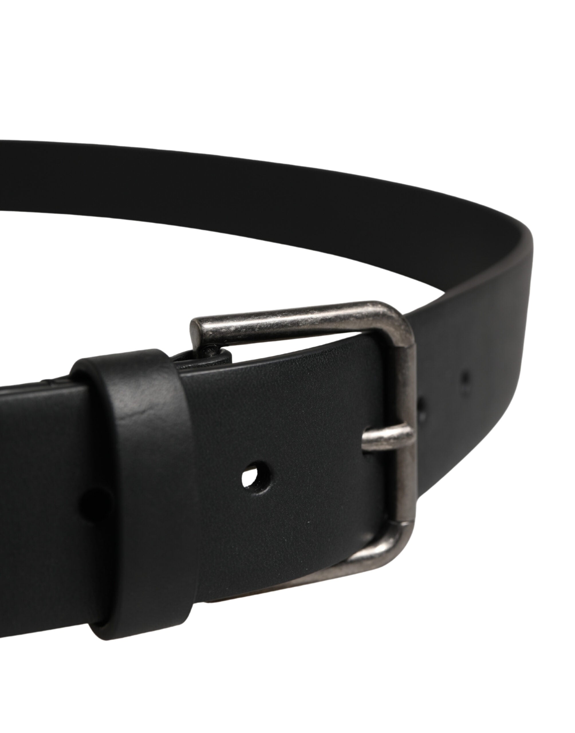Black Calf Leather Silver Metal Buckle Belt - ventzia
