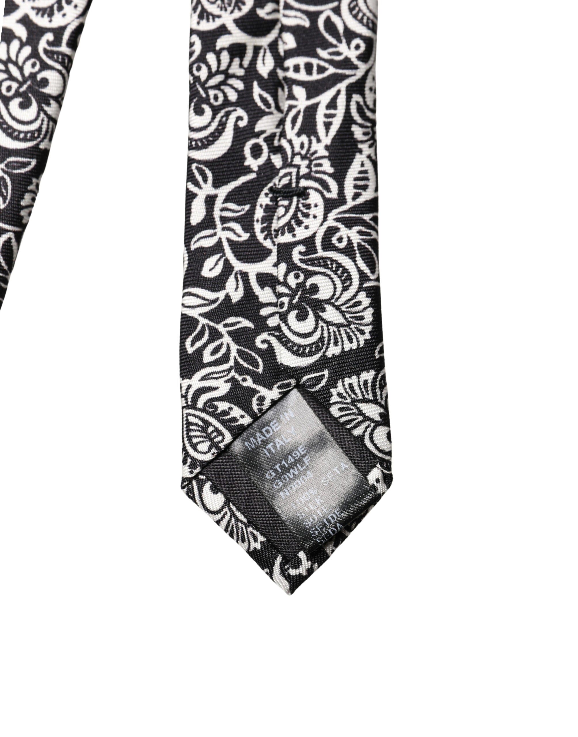 Black White Floral Fantasy Silk Adjustable Necktie Tie - ventzia