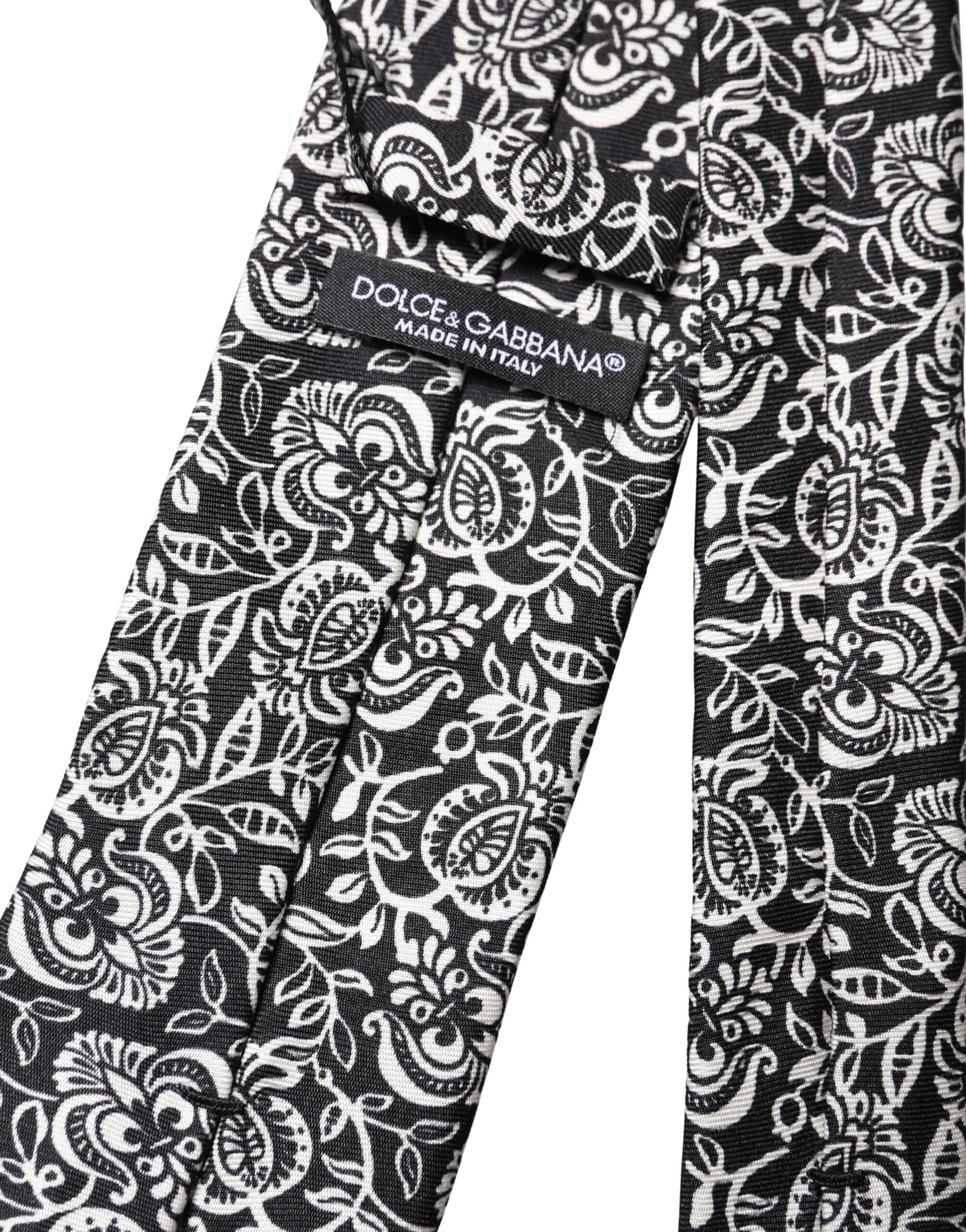Black White Floral Fantasy Silk Adjustable Necktie Tie - ventzia