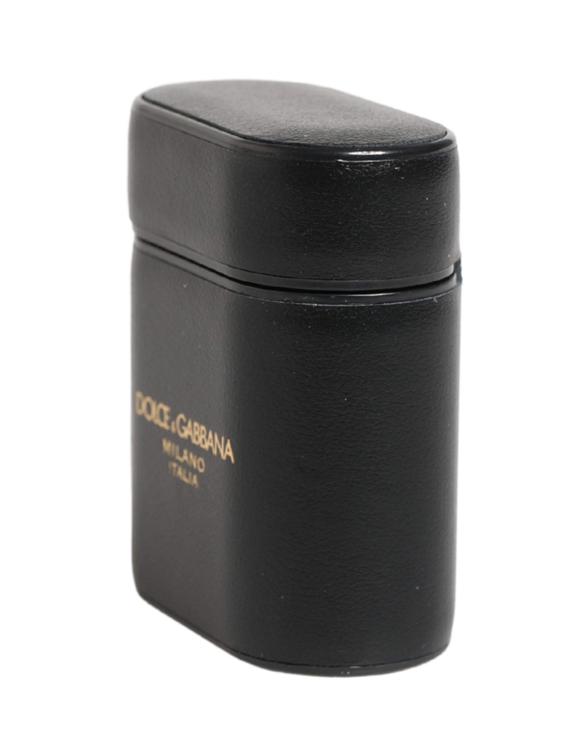 Black Calf Leather Logo Print Flip Holder Airpods Case - ventzia