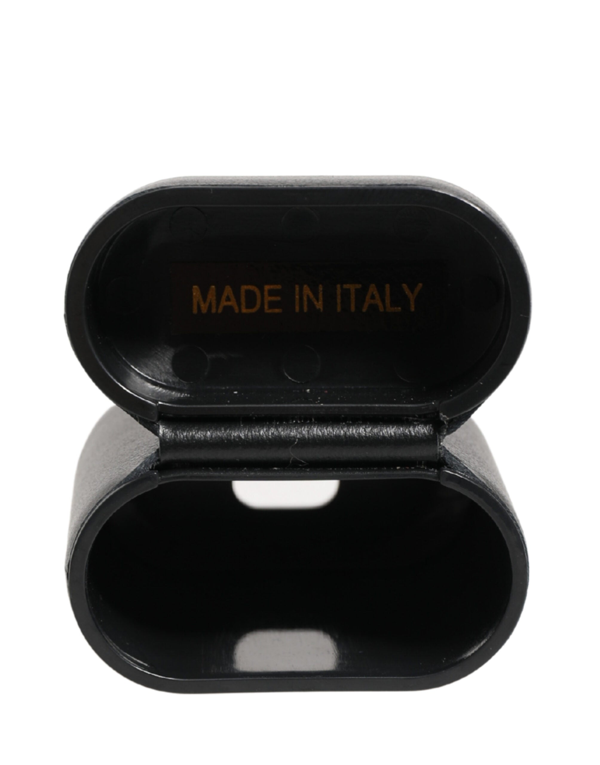 Black Calf Leather Logo Print Flip Holder Airpods Case - ventzia