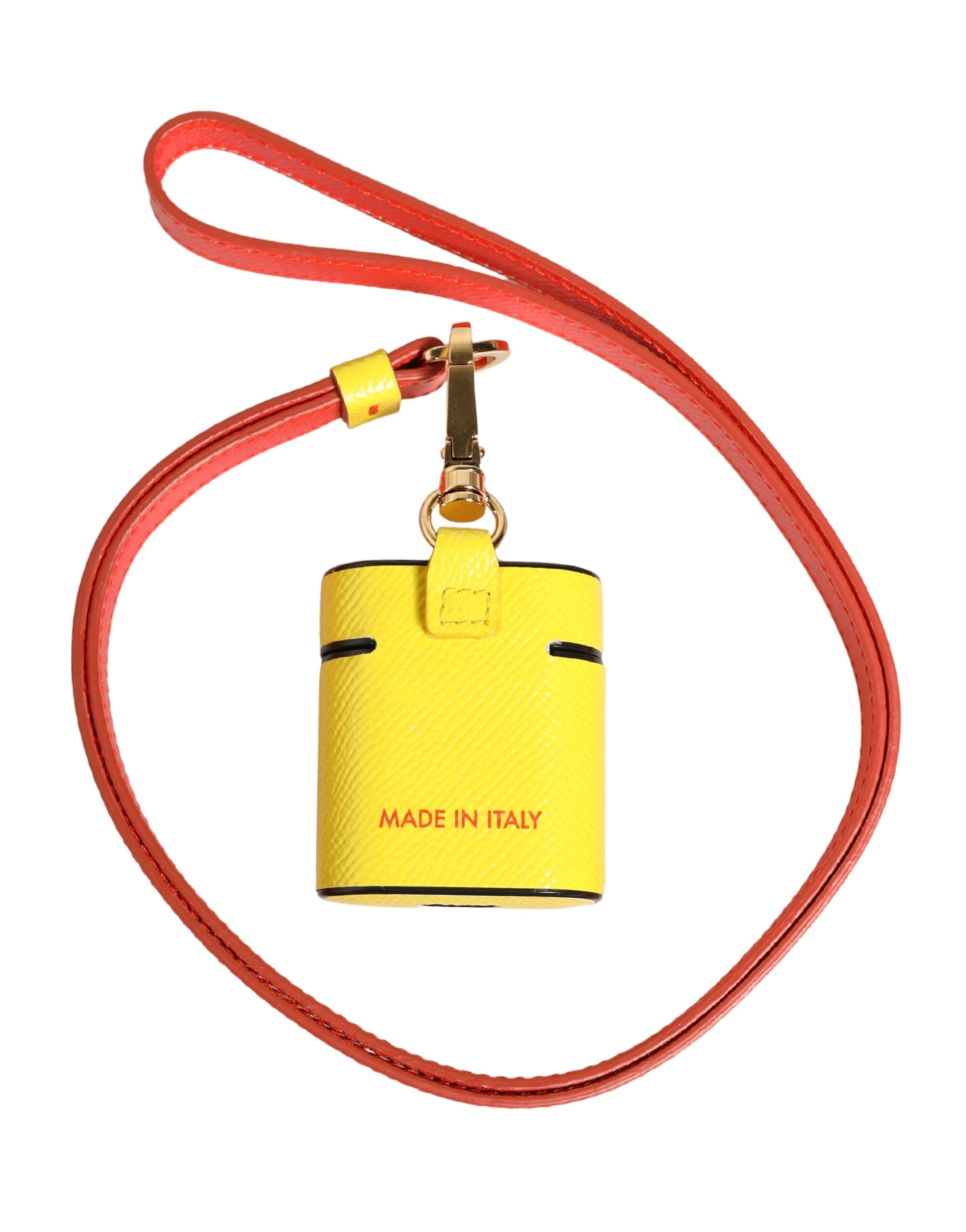 Yellow Calf Leather Logo Flip Holder Strap Airpods Case - ventzia