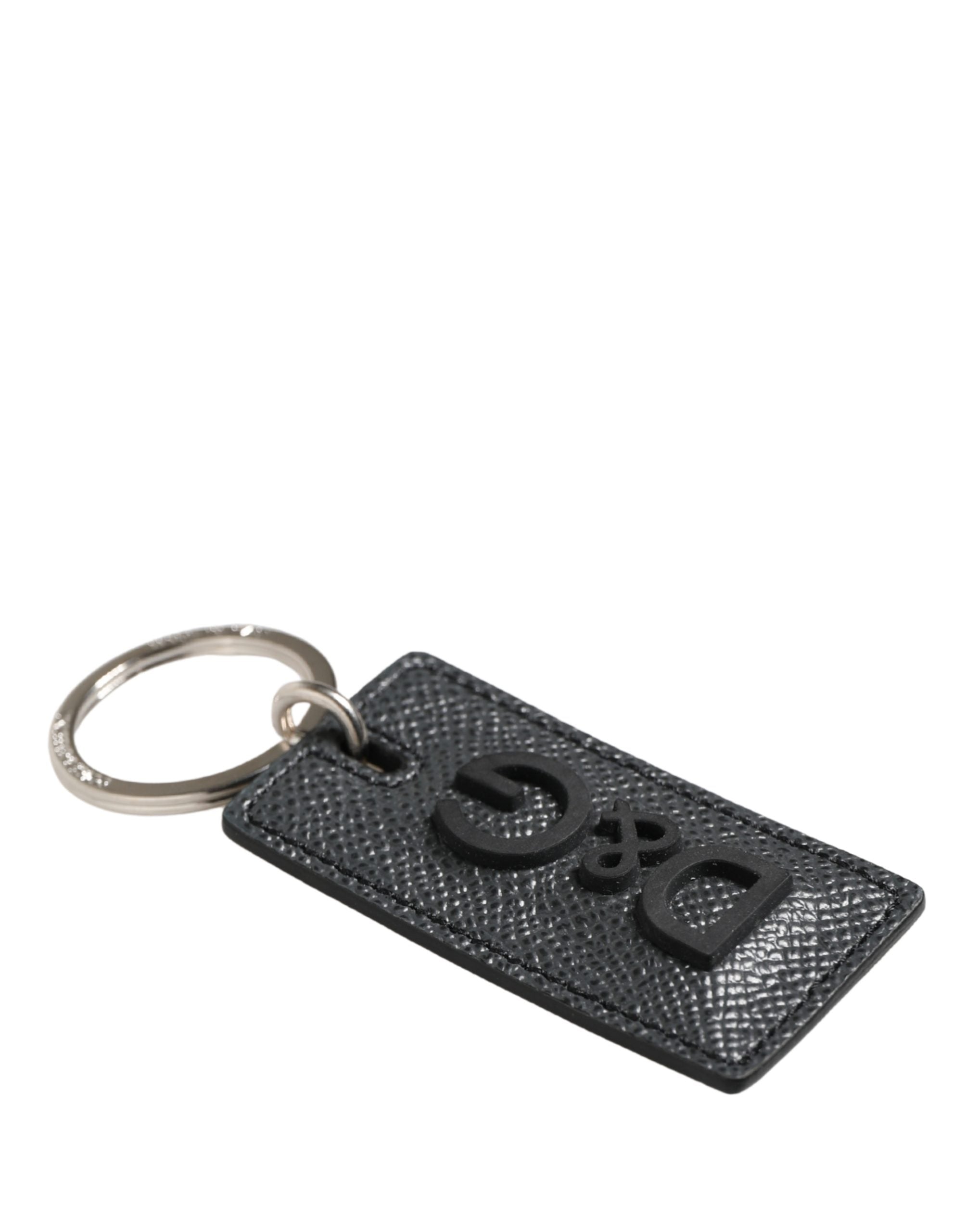 Black Calf Leather D&G Logo Metal Ring Keyring Keychain - ventzia
