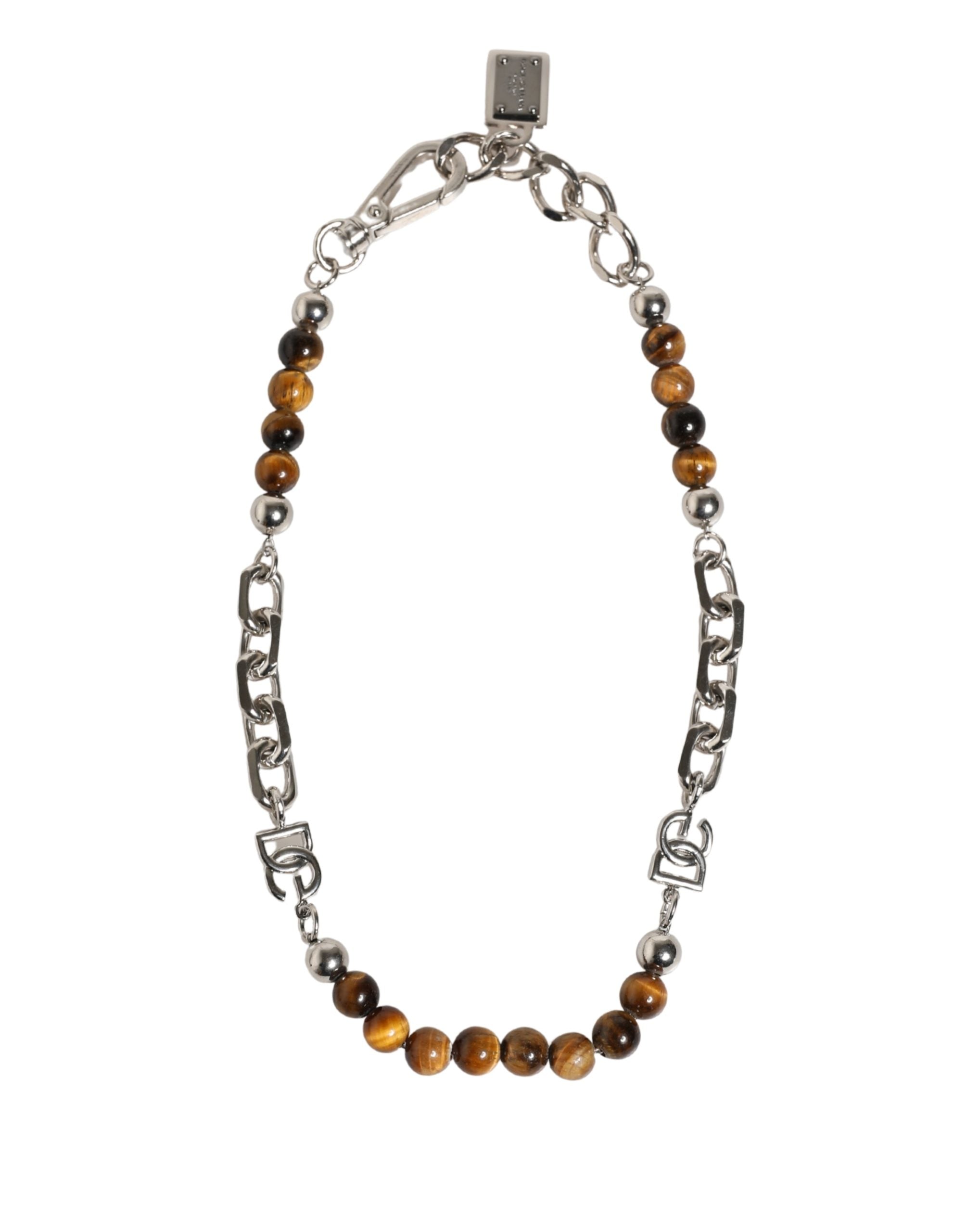Silver Tone Brass Chain Beaded Gem DG Logo Bracelet - ventzia