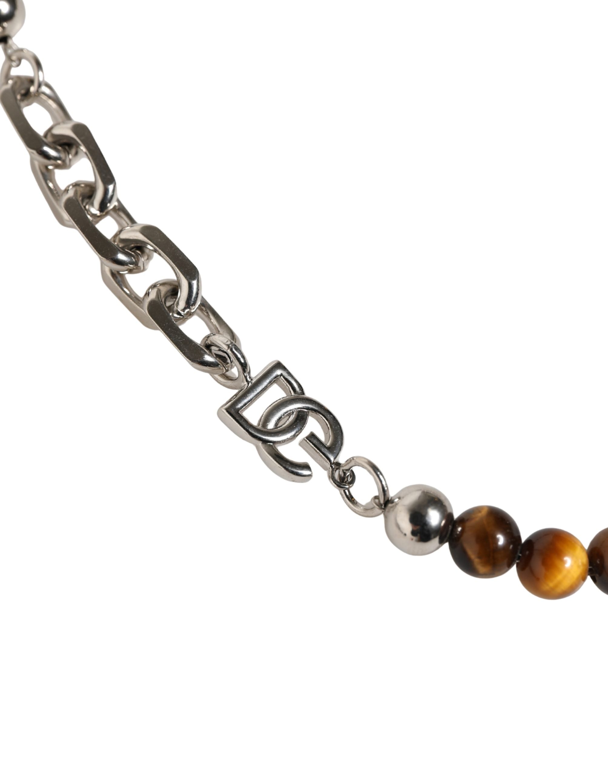 Silver Tone Brass Chain Beaded Gem DG Logo Bracelet - ventzia