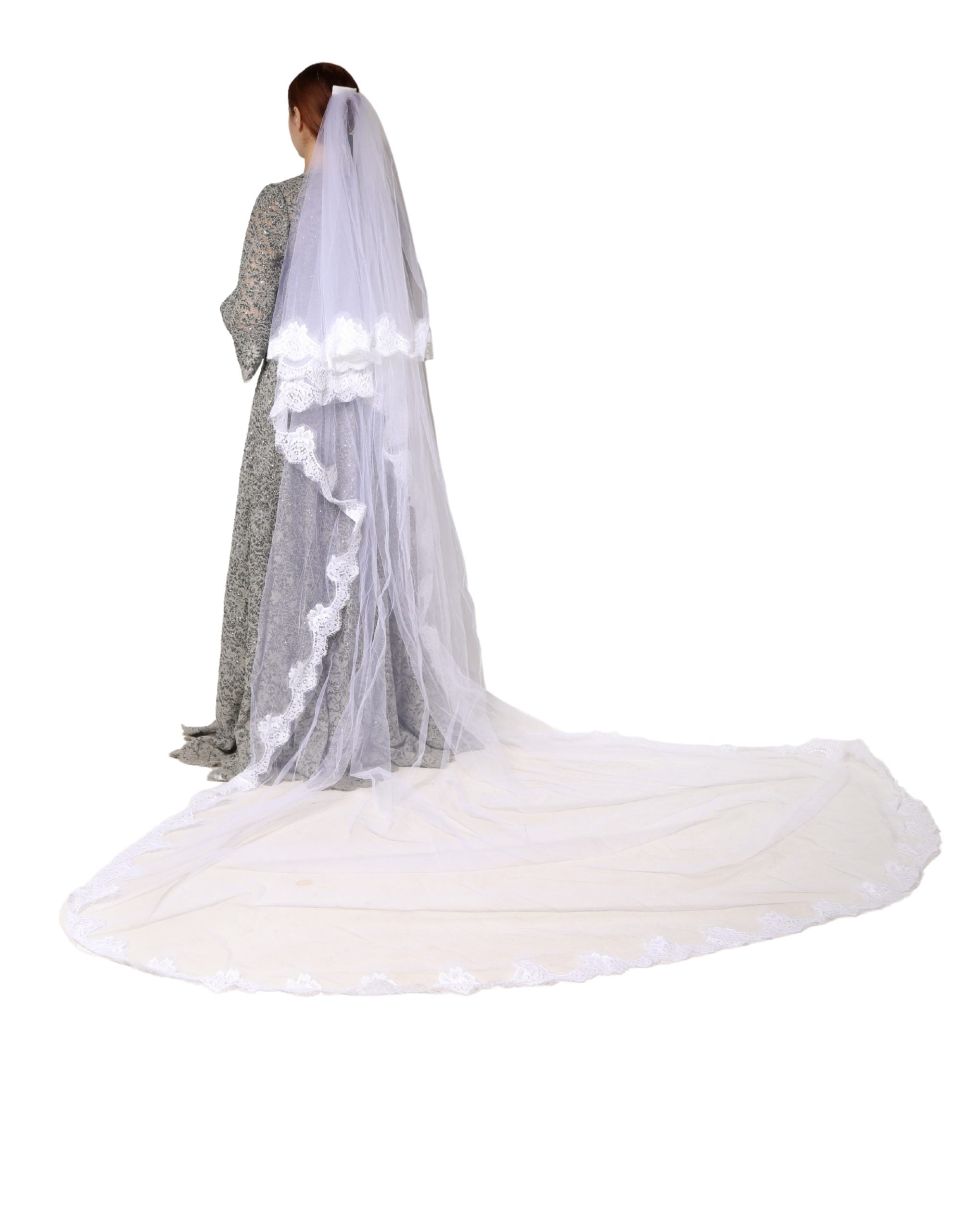 White Floral LaceNylon Floor Length 3M Long Veil - ventzia