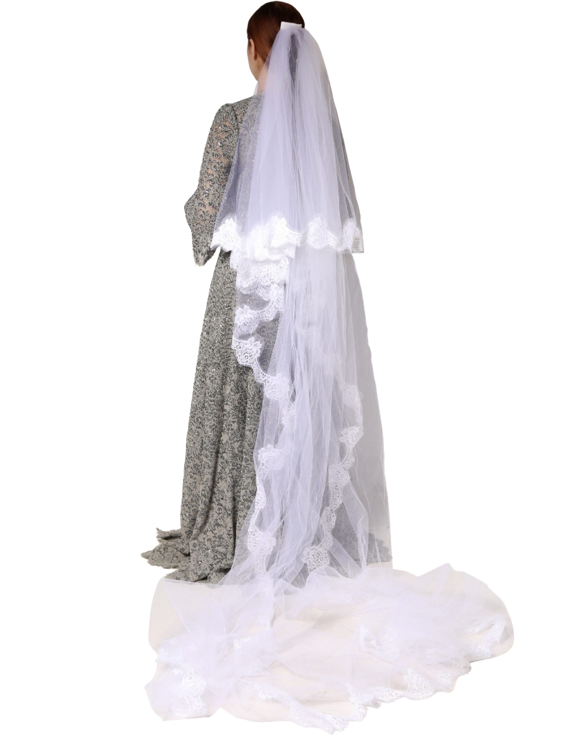 White Floral LaceNylon Floor Length 3M Long Veil - ventzia