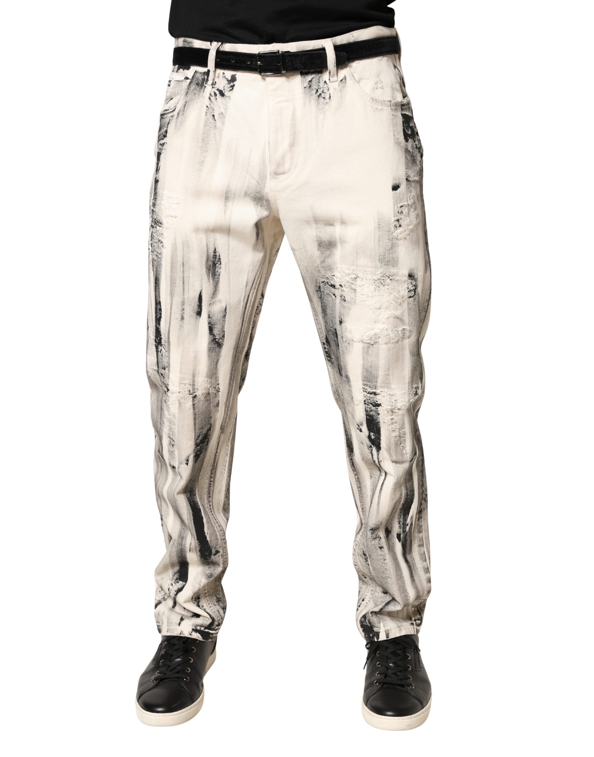 White Distressed Paint Print LooseDenim Jeans - ventzia