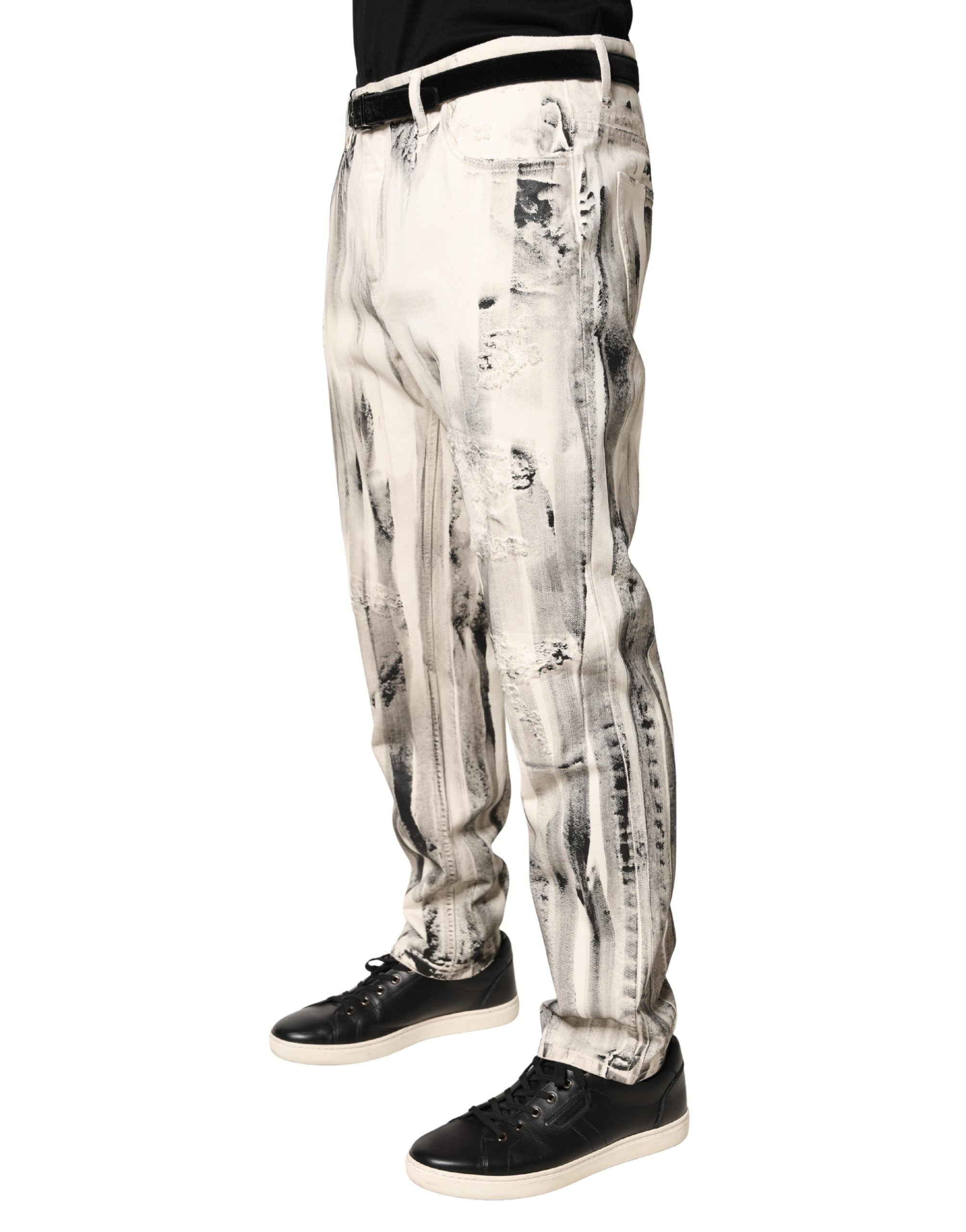 White Distressed Paint Print LooseDenim Jeans - ventzia