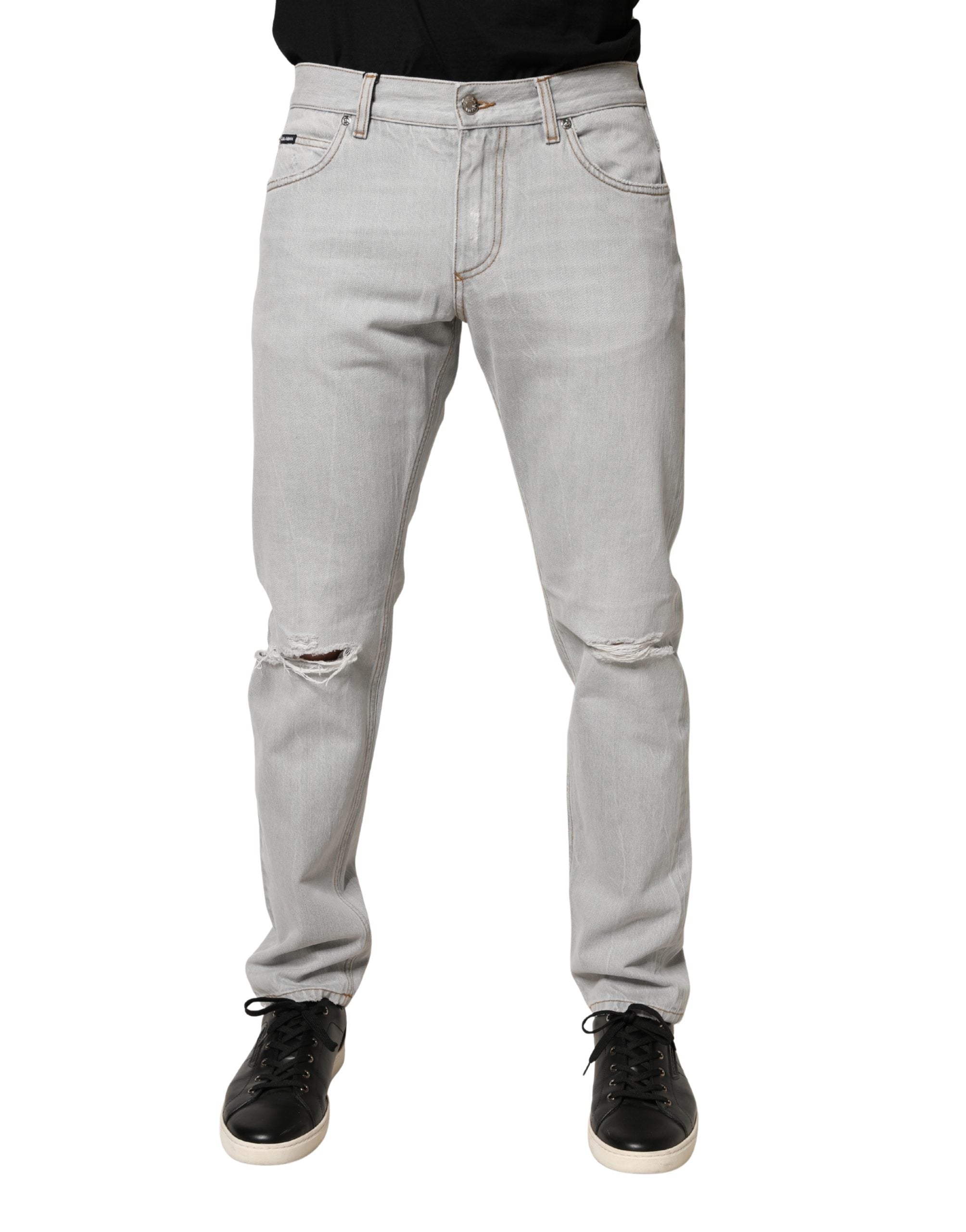 Light Gray Ripped Cotton Regular Denim Jeans - ventzia