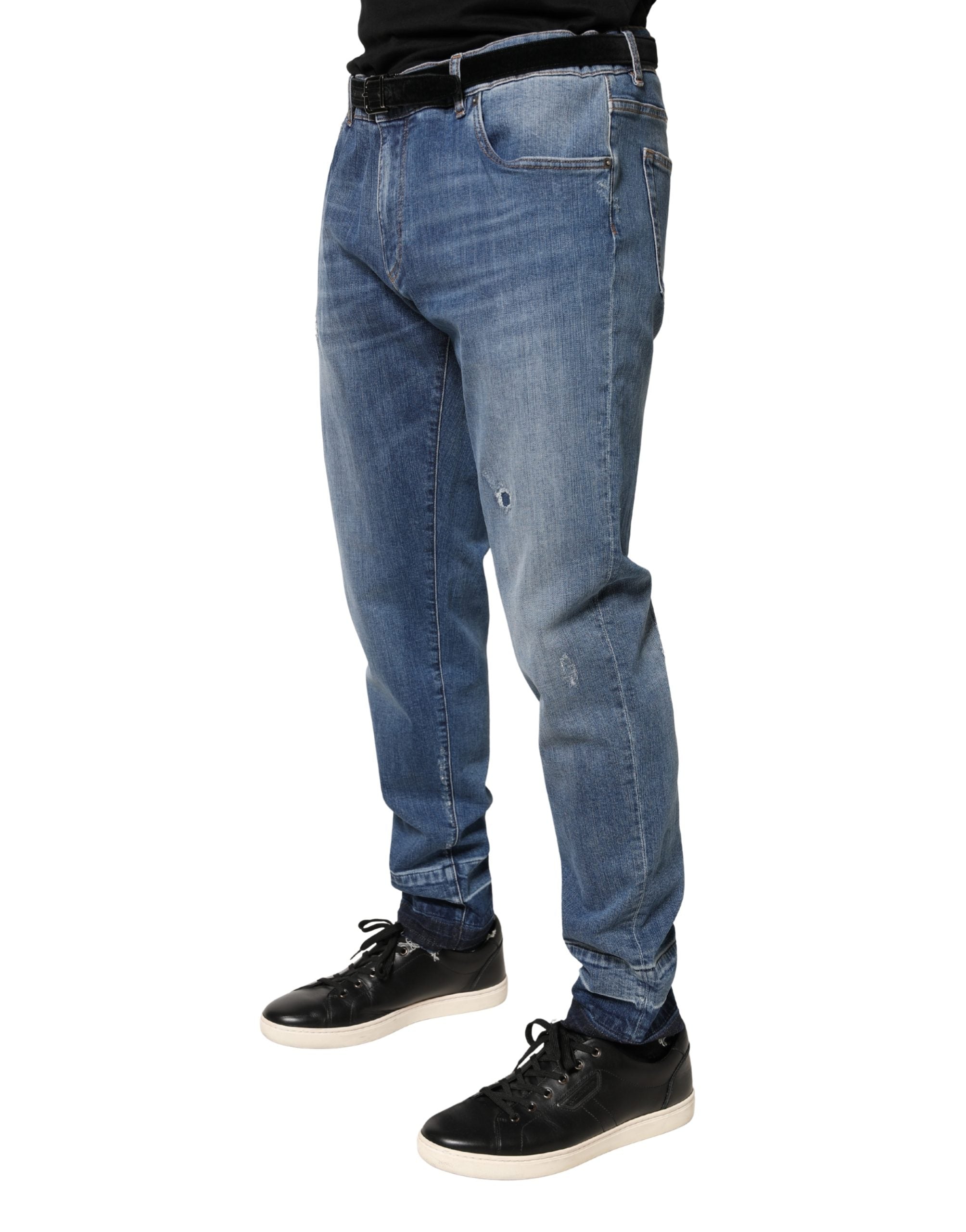 Blue Tattered Skinny Cotton Denim Jeans - ventzia