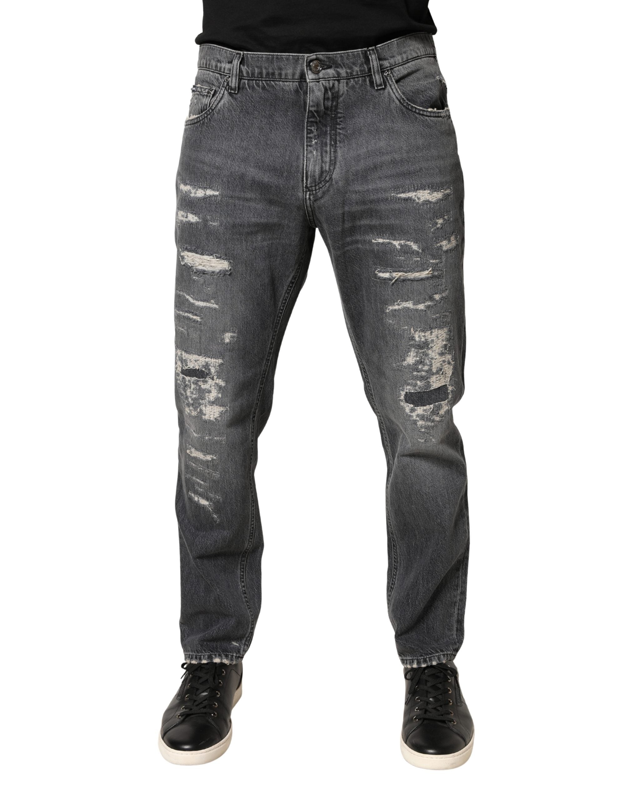 Dark Gray Tattered Cotton Loose Denim Jeans - ventzia