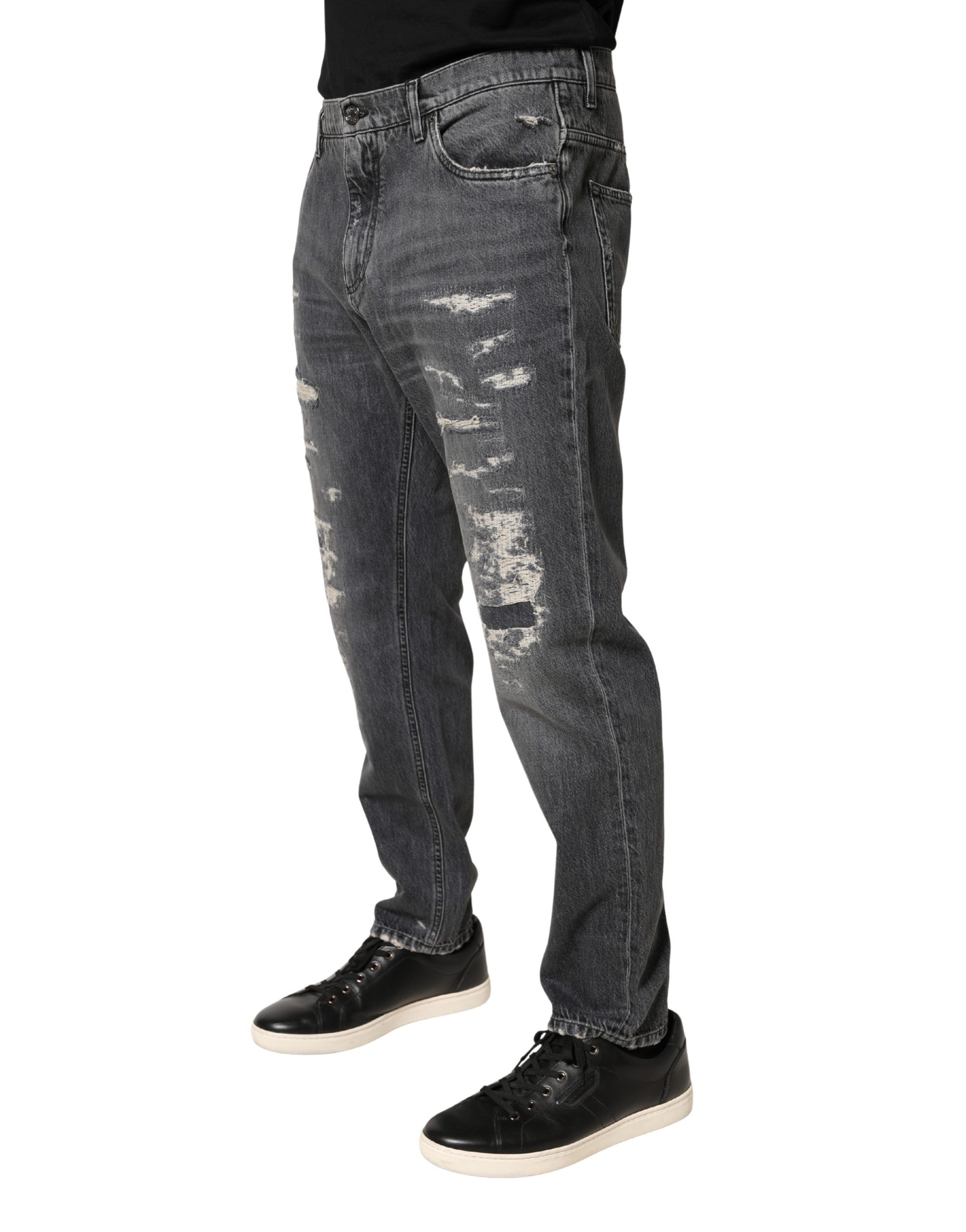 Dark Gray Tattered Cotton Loose Denim Jeans - ventzia