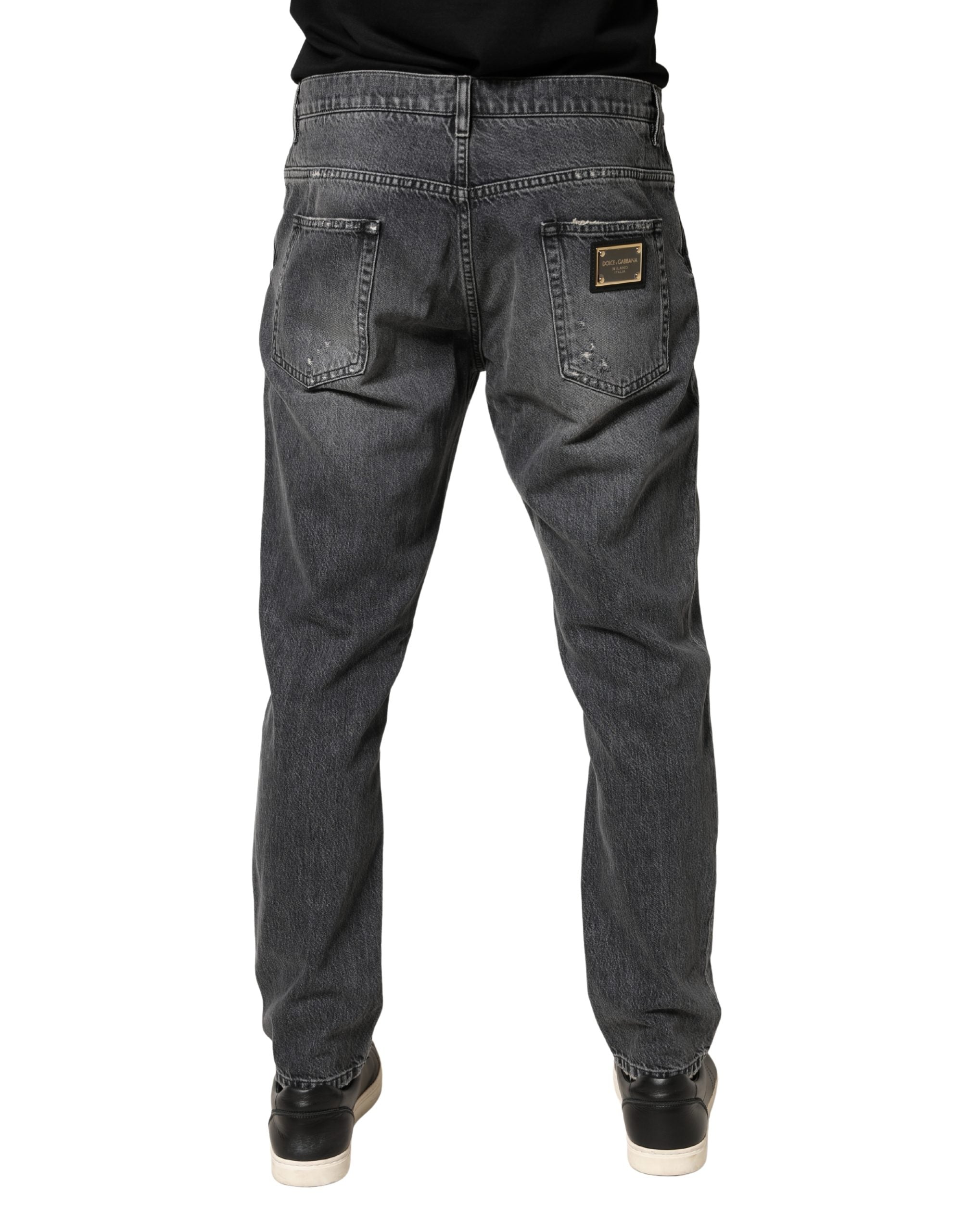 Dark Gray Tattered Cotton Loose Denim Jeans - ventzia