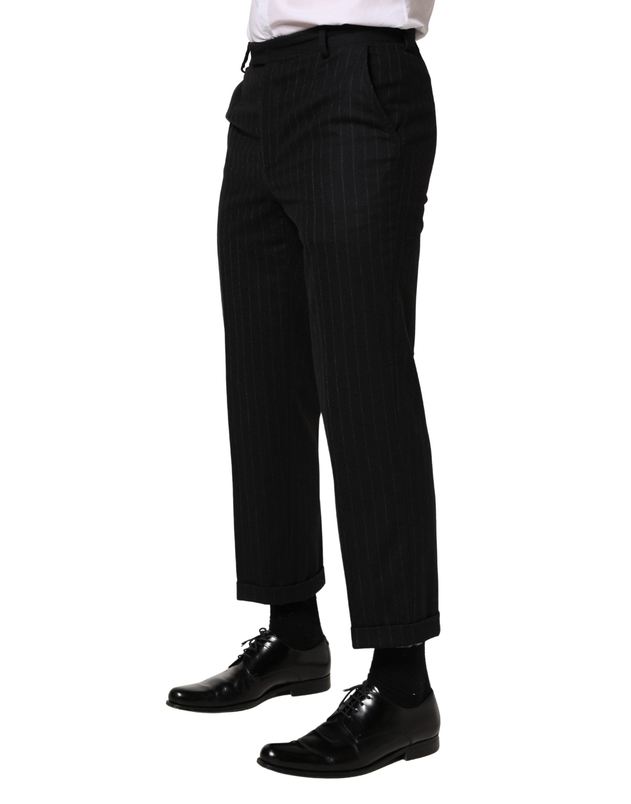 Black Stripes Wool Dress Formal Trouser Pants - ventzia