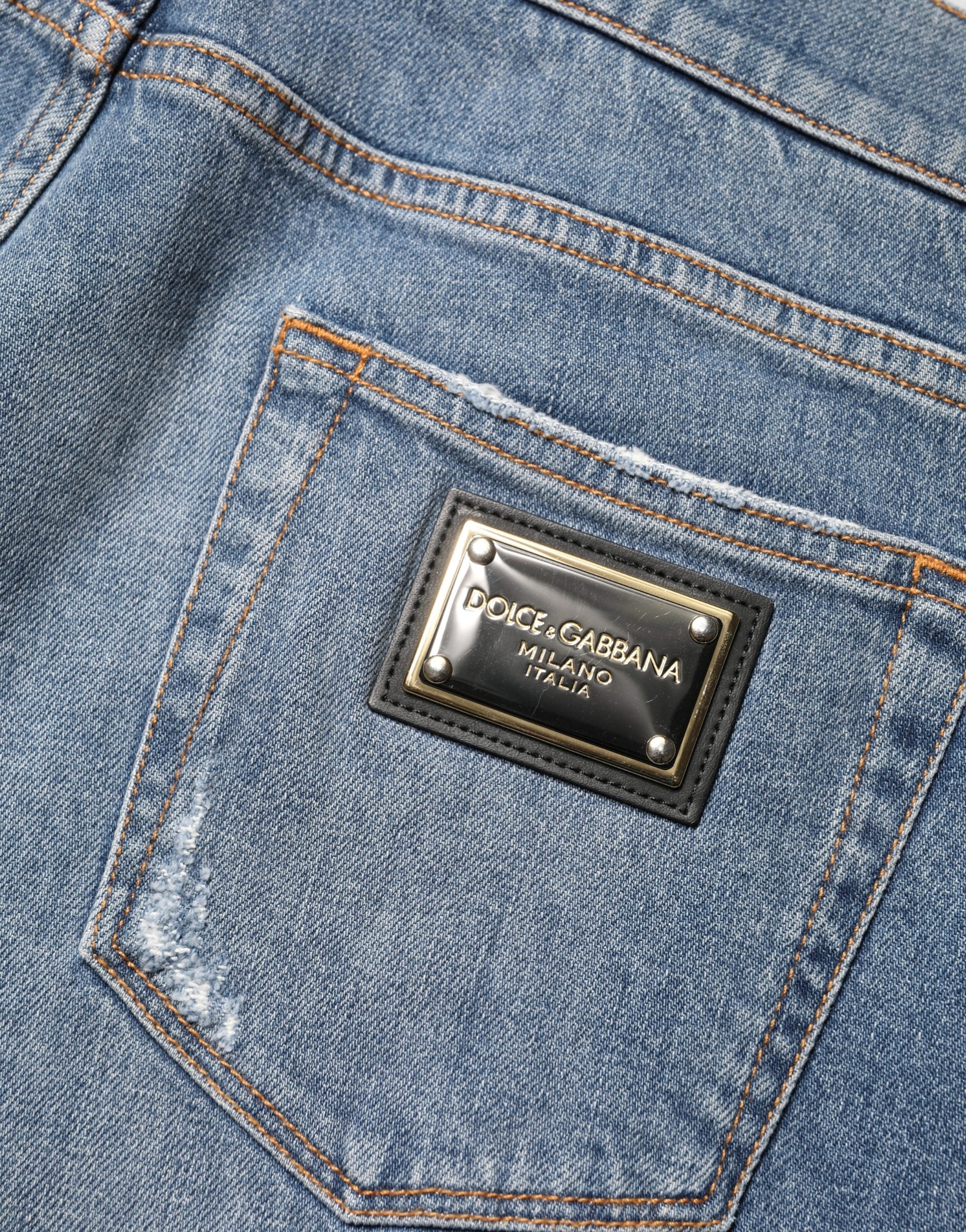 Blue Tattered Slim Fit Cotton Denim Jeans - ventzia