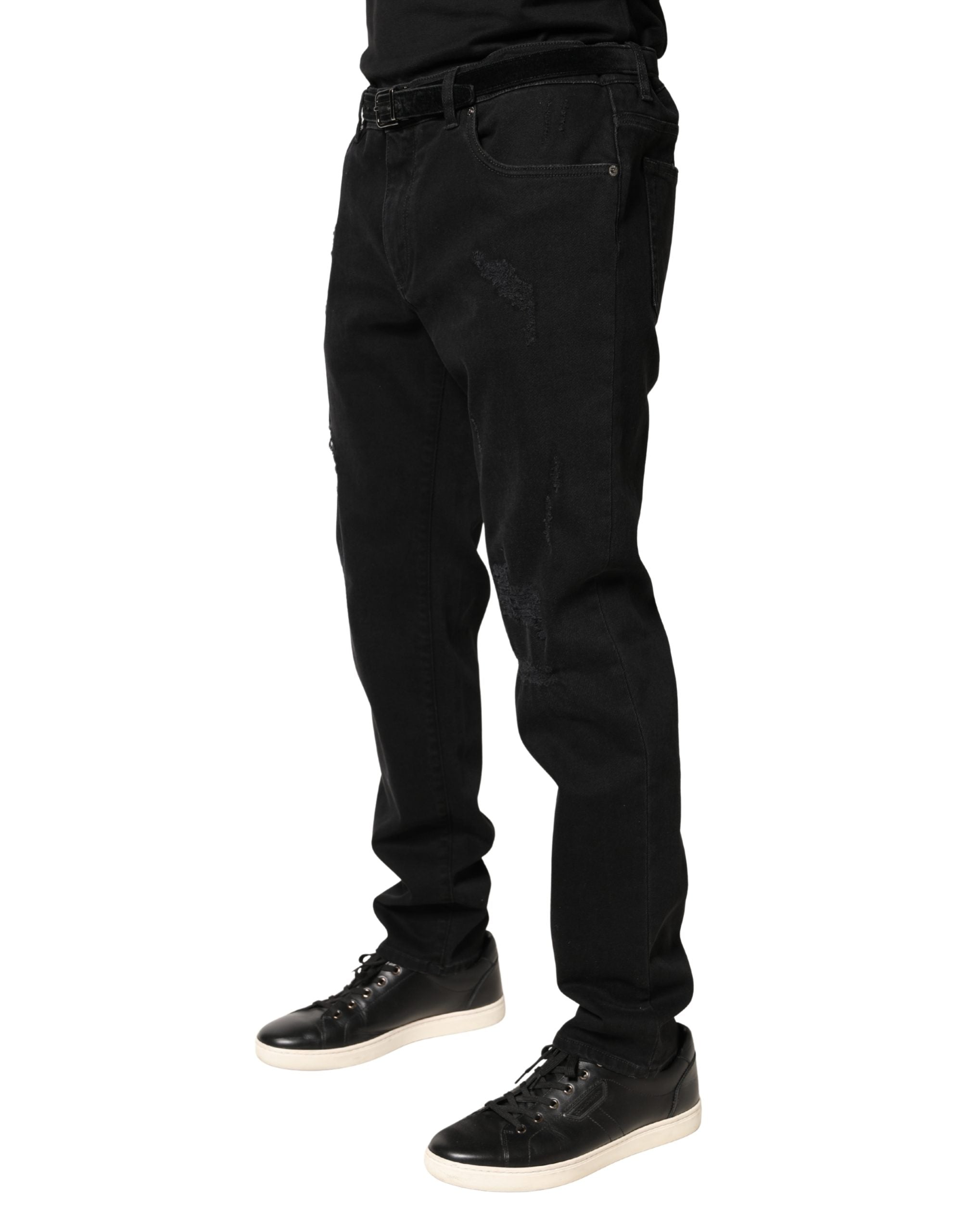 Black Tattered Skinny Cotton Denim Jeans - ventzia