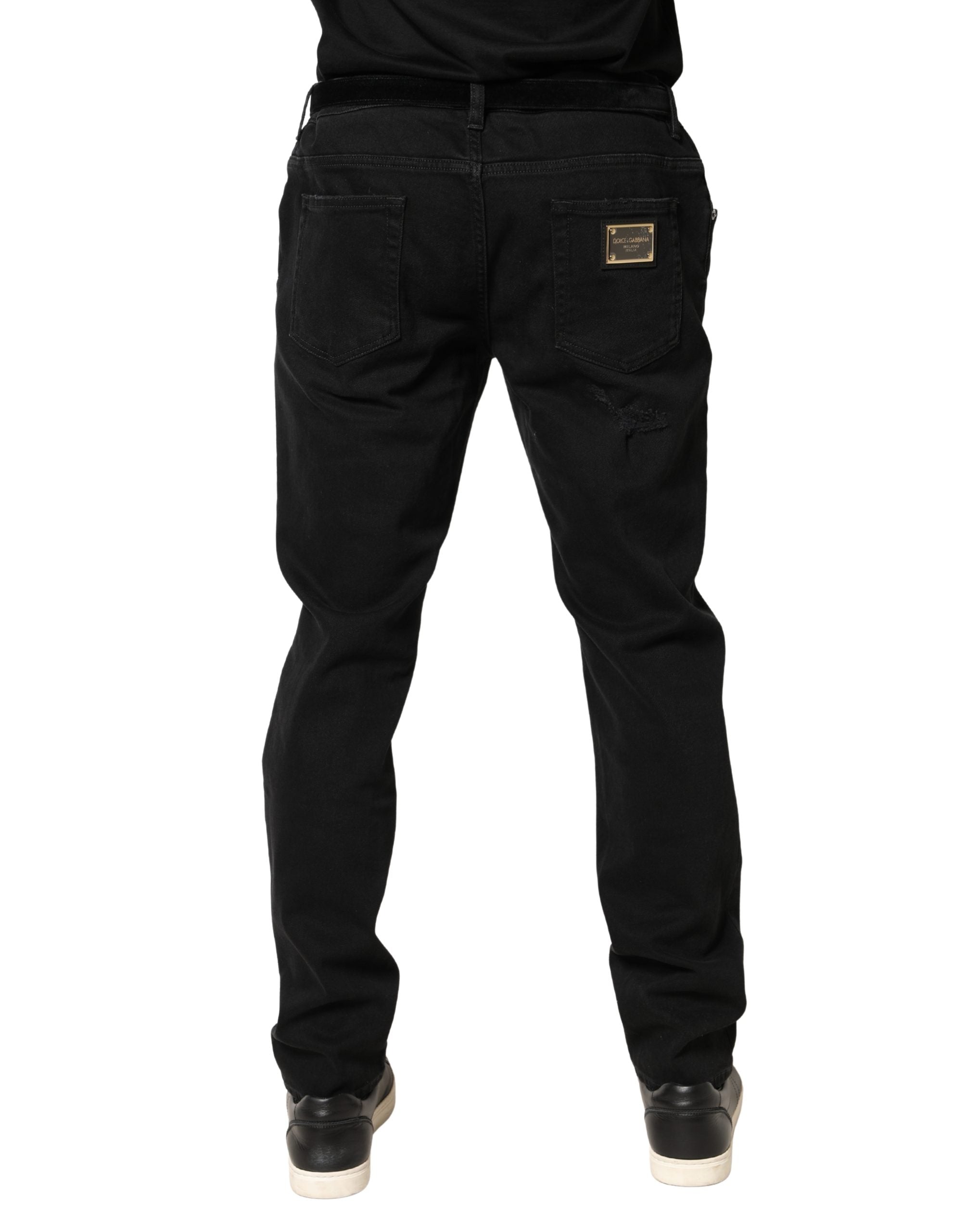 Black Tattered Skinny Cotton Denim Jeans - ventzia