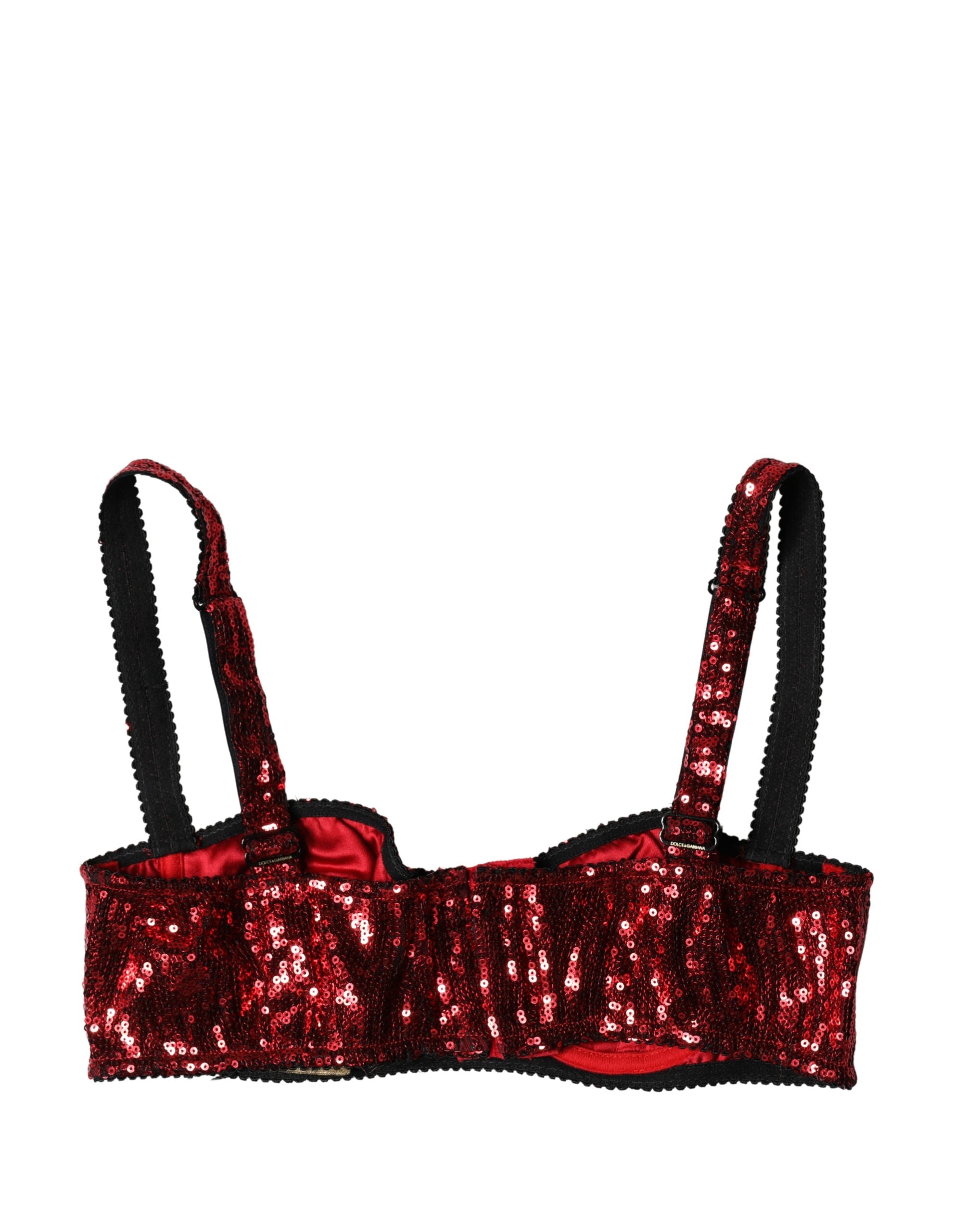Red Sequined Nylon Balconnet Bra Underwear - ventzia