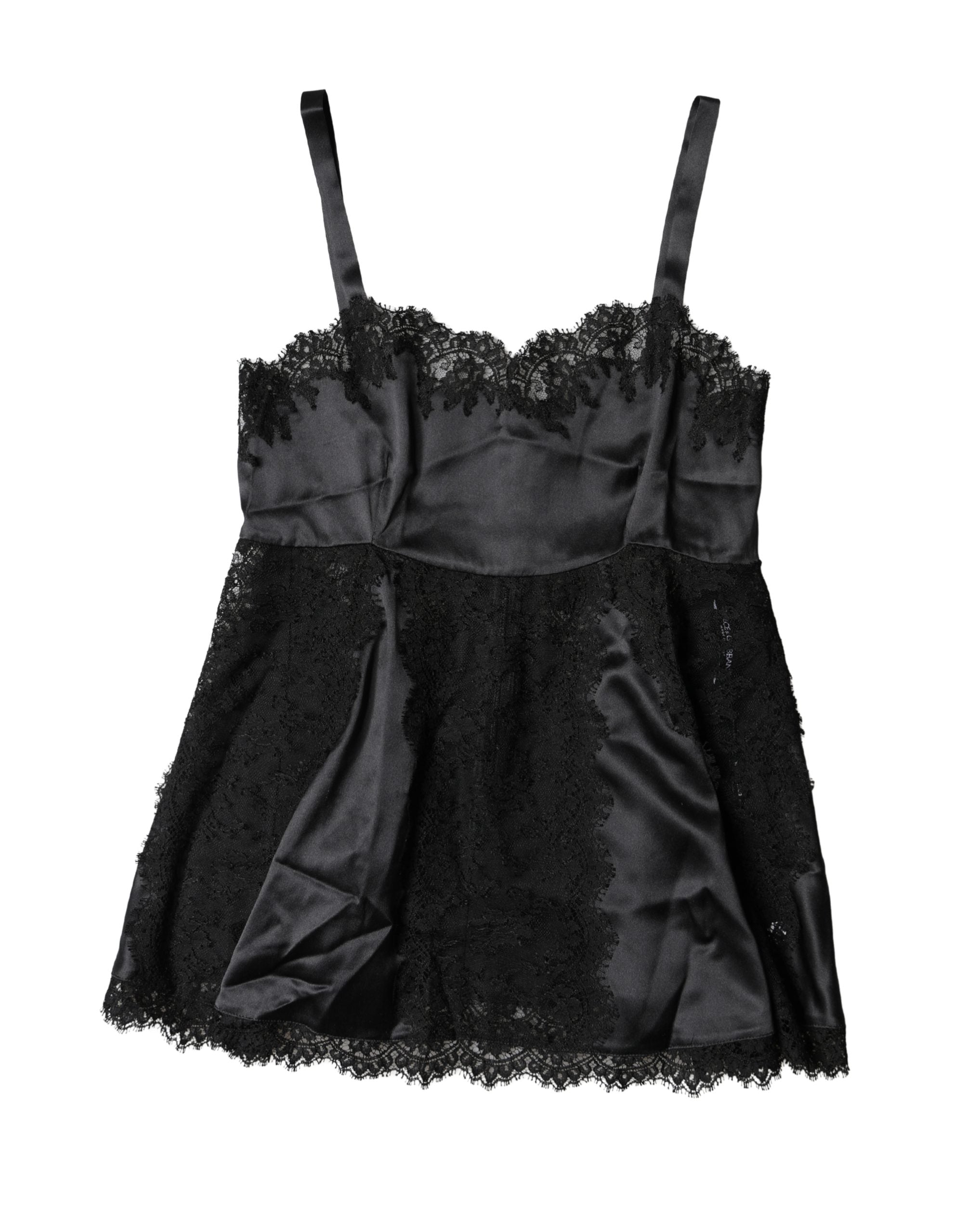 Black Silk Lace Trim Lingerie Top Underwear - ventzia