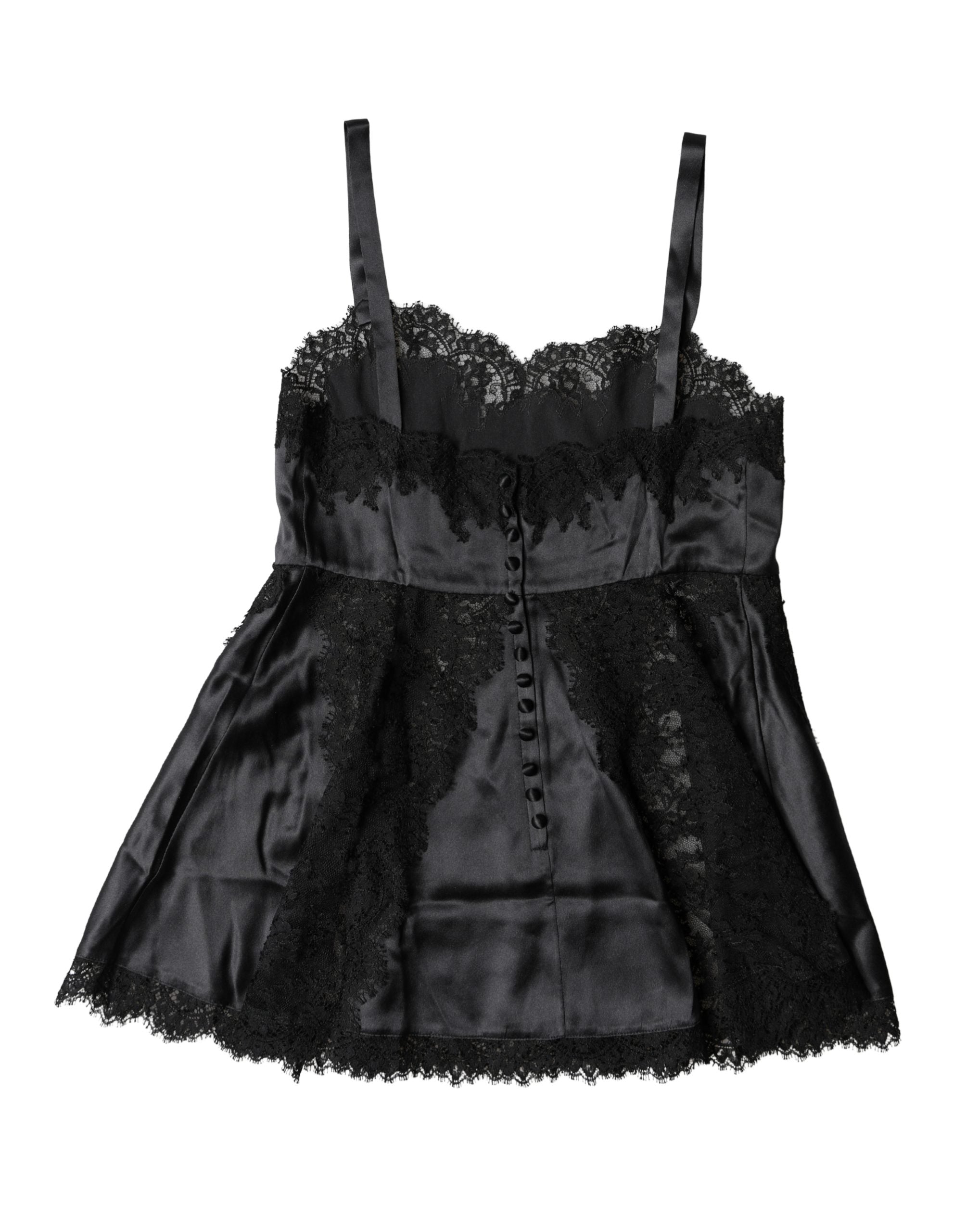 Black Silk Lace Trim Lingerie Top Underwear - ventzia