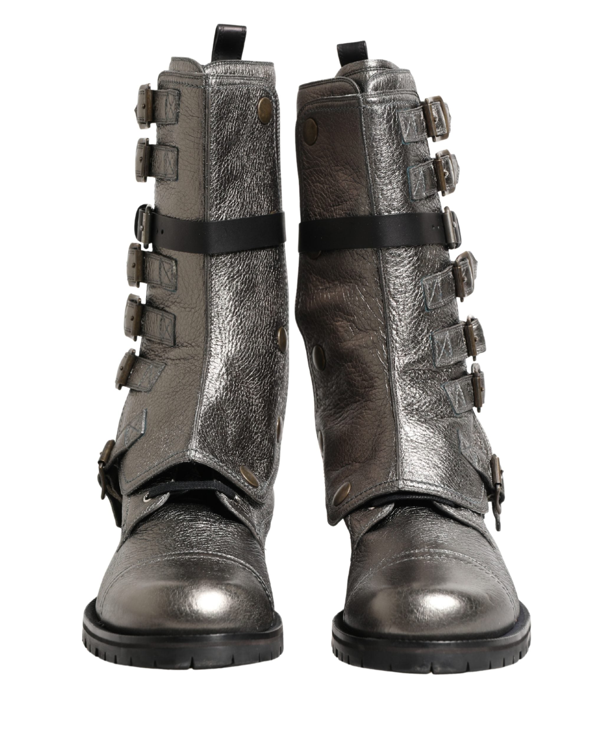 Metallic Silver Combat Biker Mid Calf Boots Shoes - ventzia
