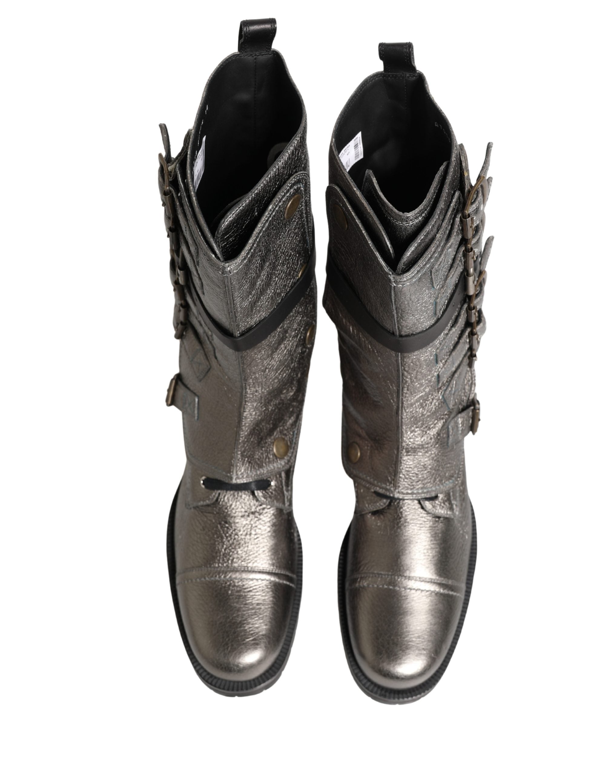Metallic Silver Combat Biker Mid Calf Boots Shoes - ventzia