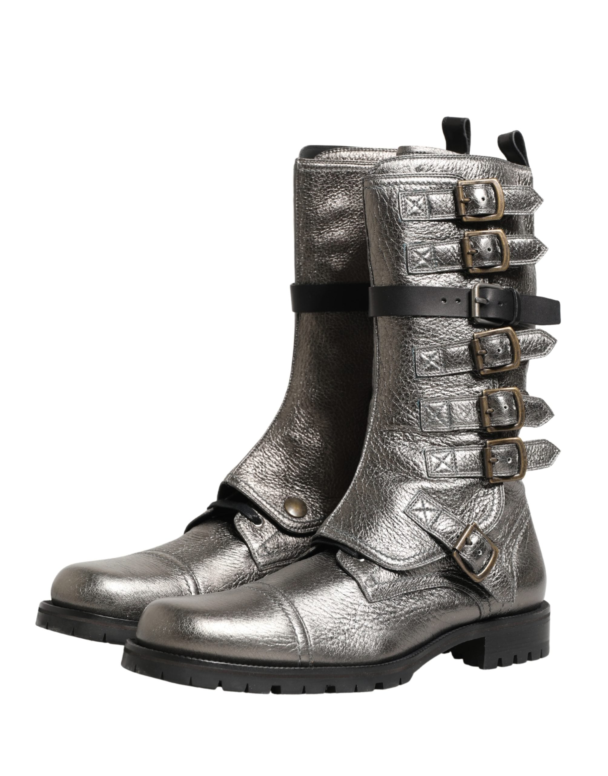 Metallic Silver Combat Biker Mid Calf Boots Shoes - ventzia