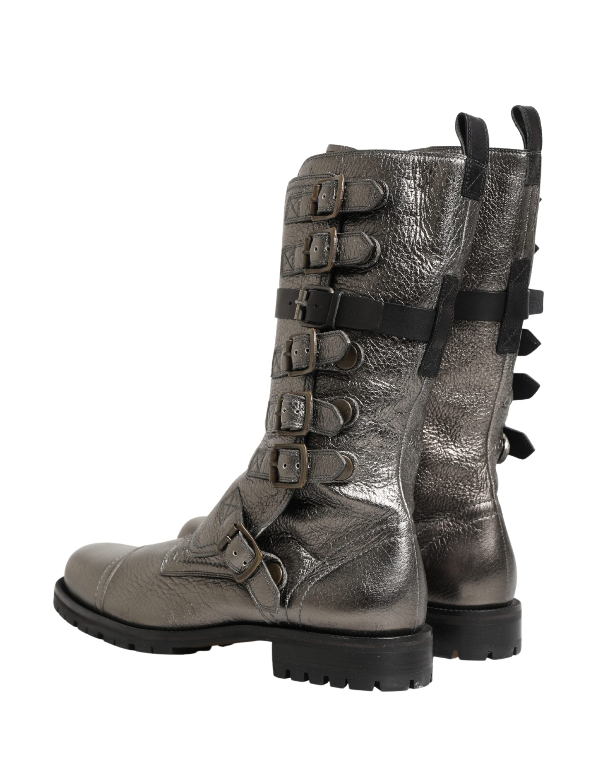 Metallic Silver Combat Biker Mid Calf Boots Shoes - ventzia