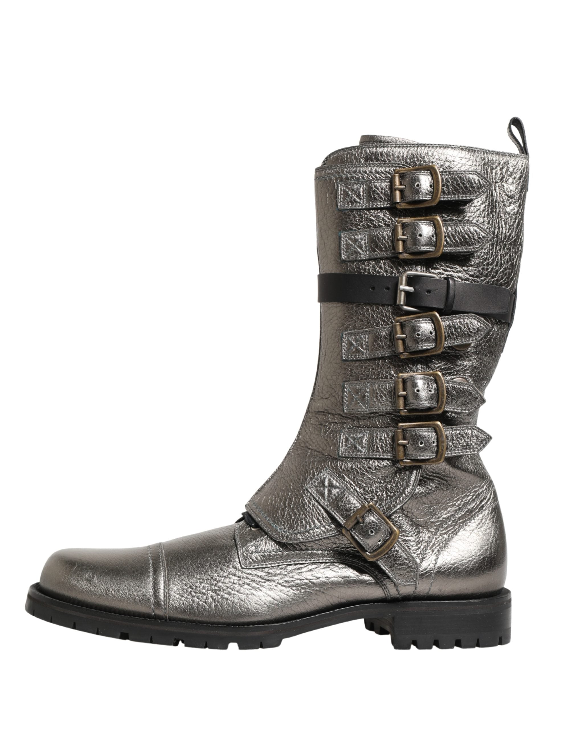 Metallic Silver Combat Biker Mid Calf Boots Shoes - ventzia