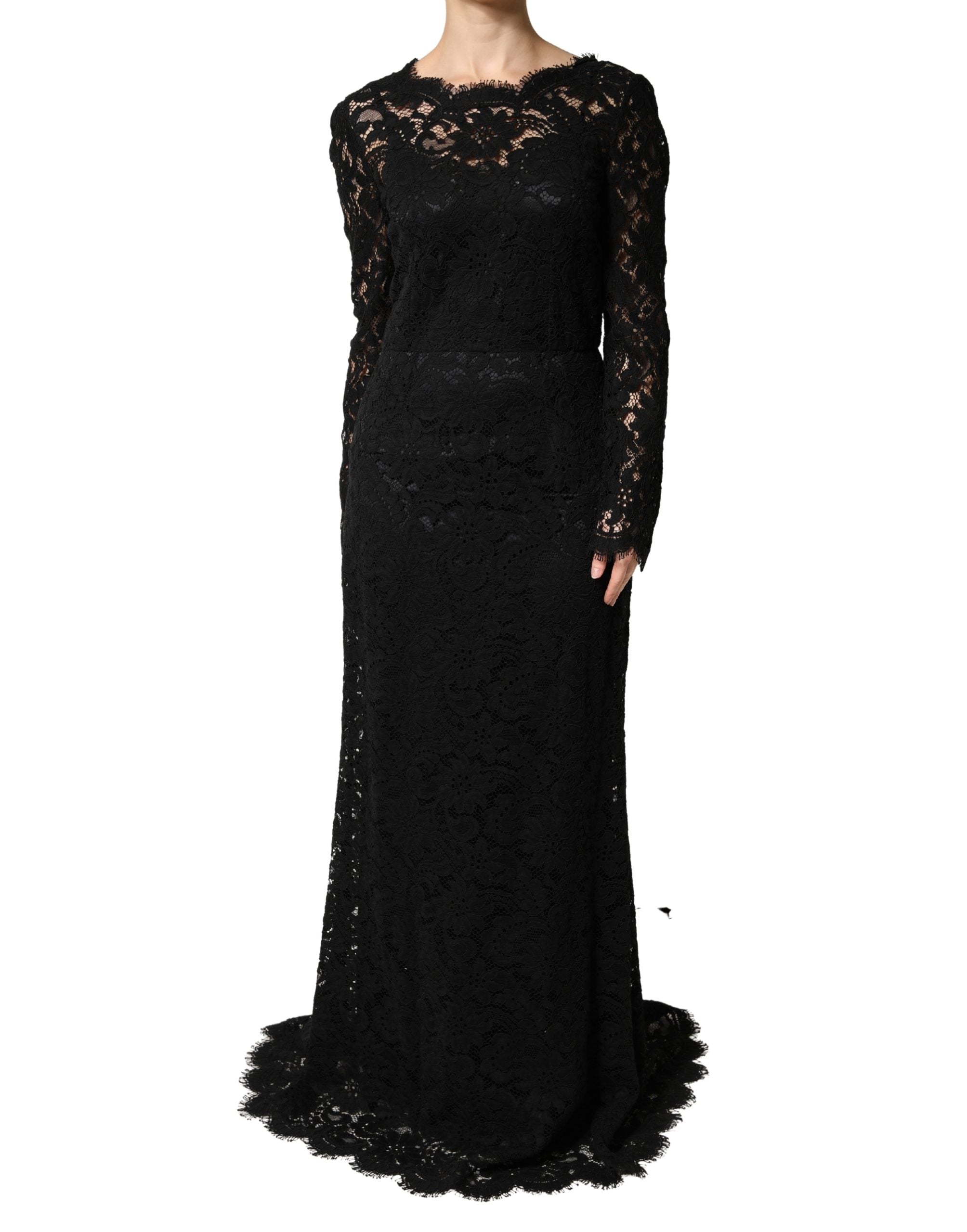 Black Lace Long Sleeves Cotton Maxi Dress - ventzia