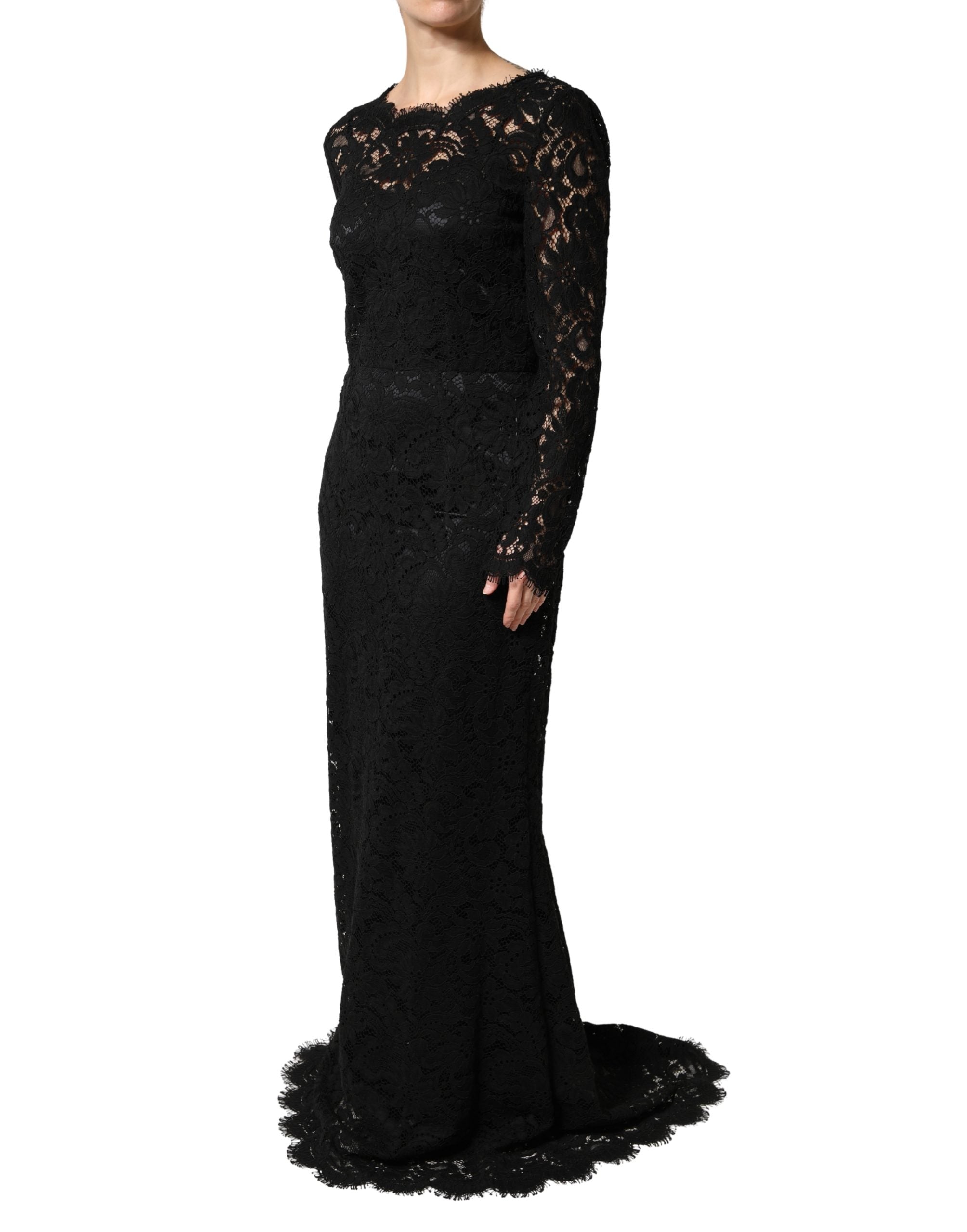 Black Lace Long Sleeves Cotton Maxi Dress - ventzia