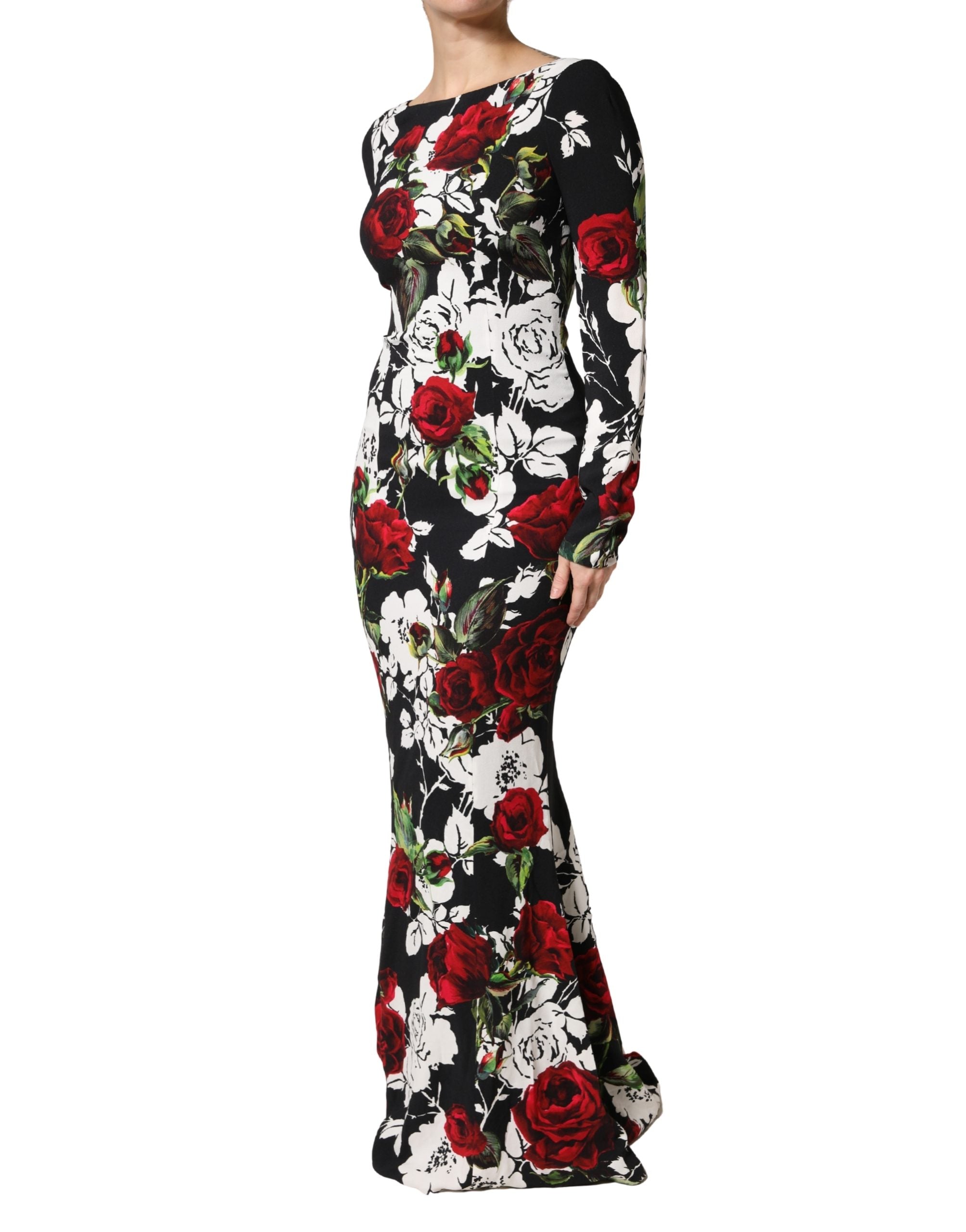 Black Floral Viscose Bodycon Long Gown Dress - ventzia