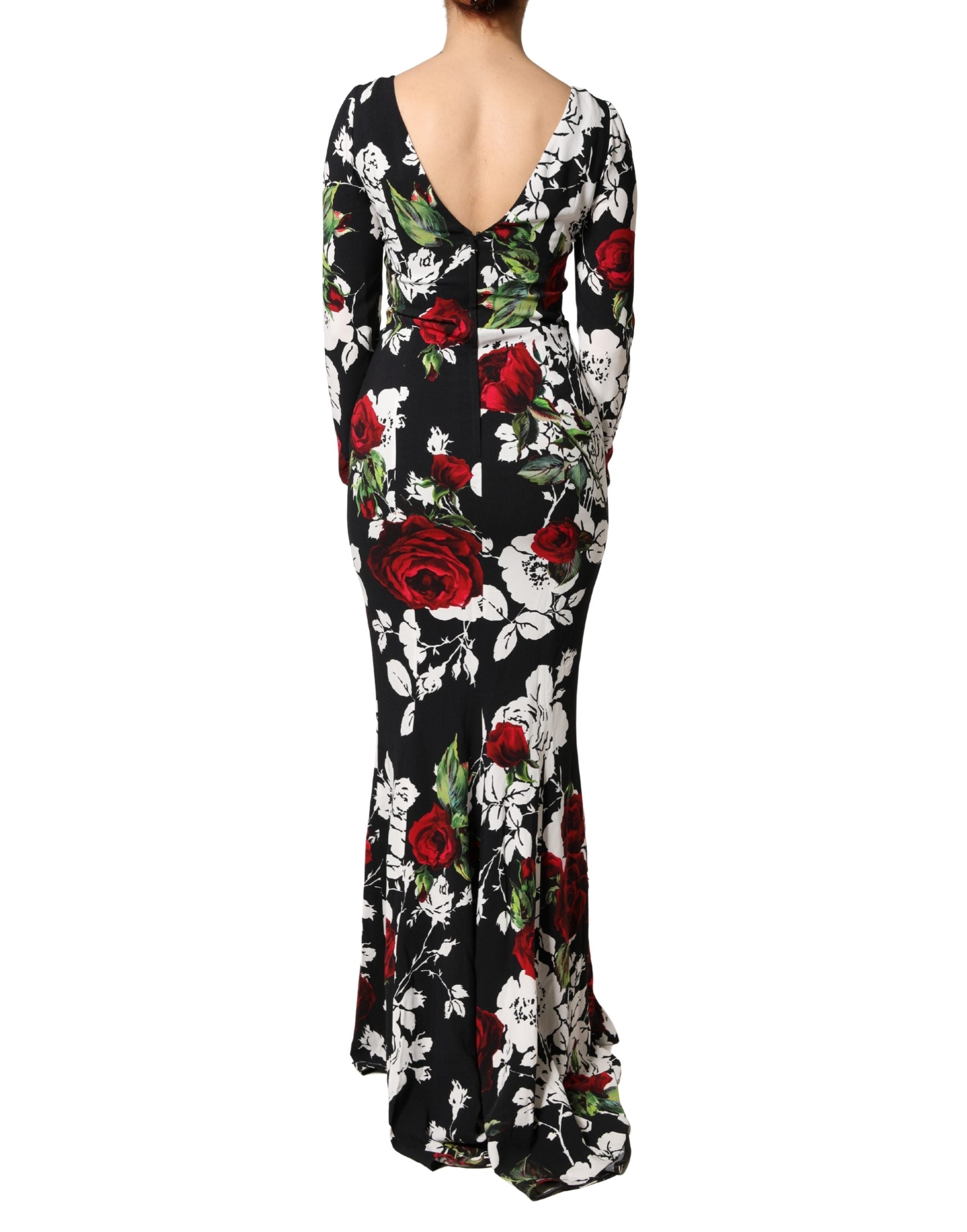 Black Floral Viscose Bodycon Long Gown Dress - ventzia