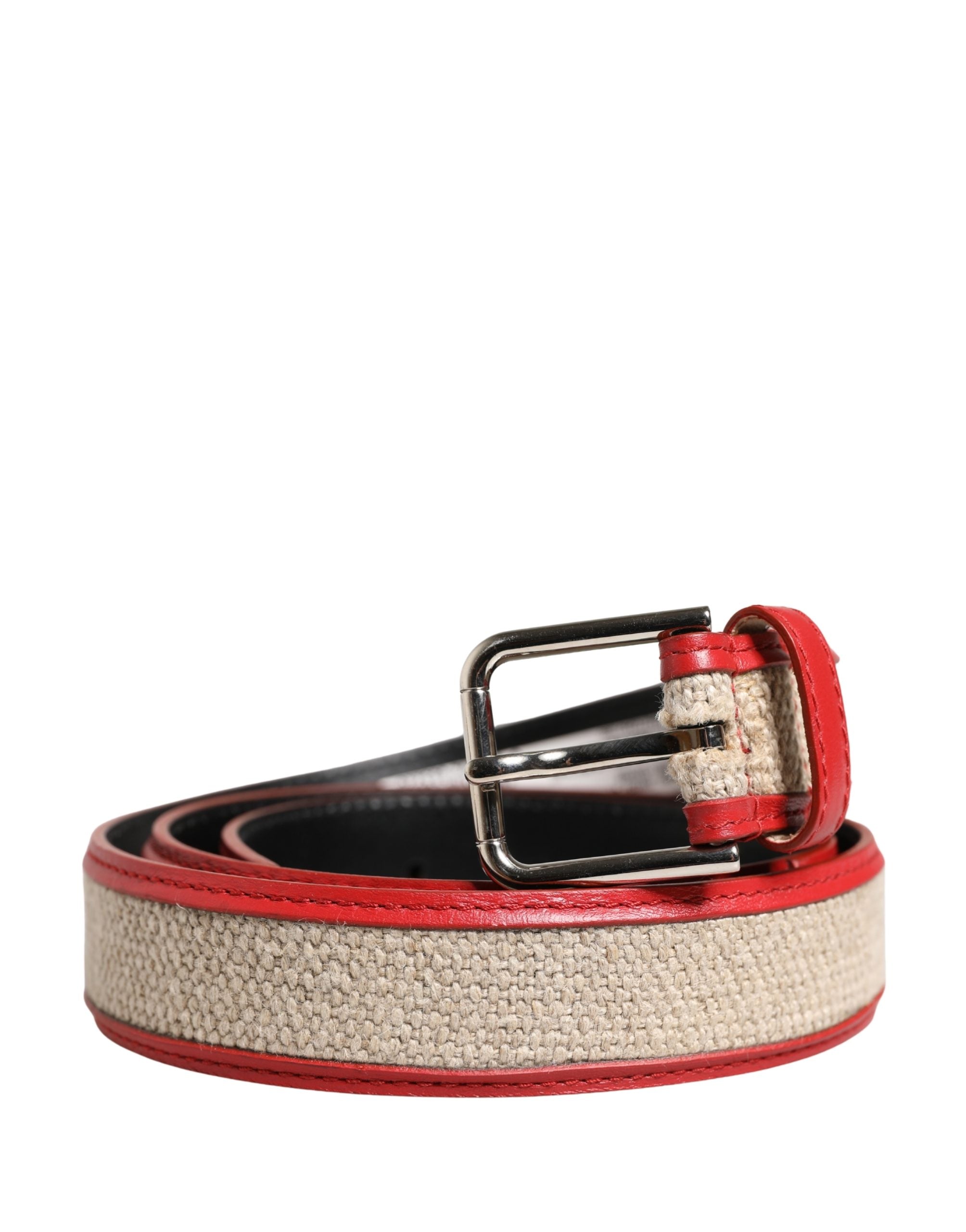 Men Beige Red Woven Leather Metal Buckle Belt - ventzia