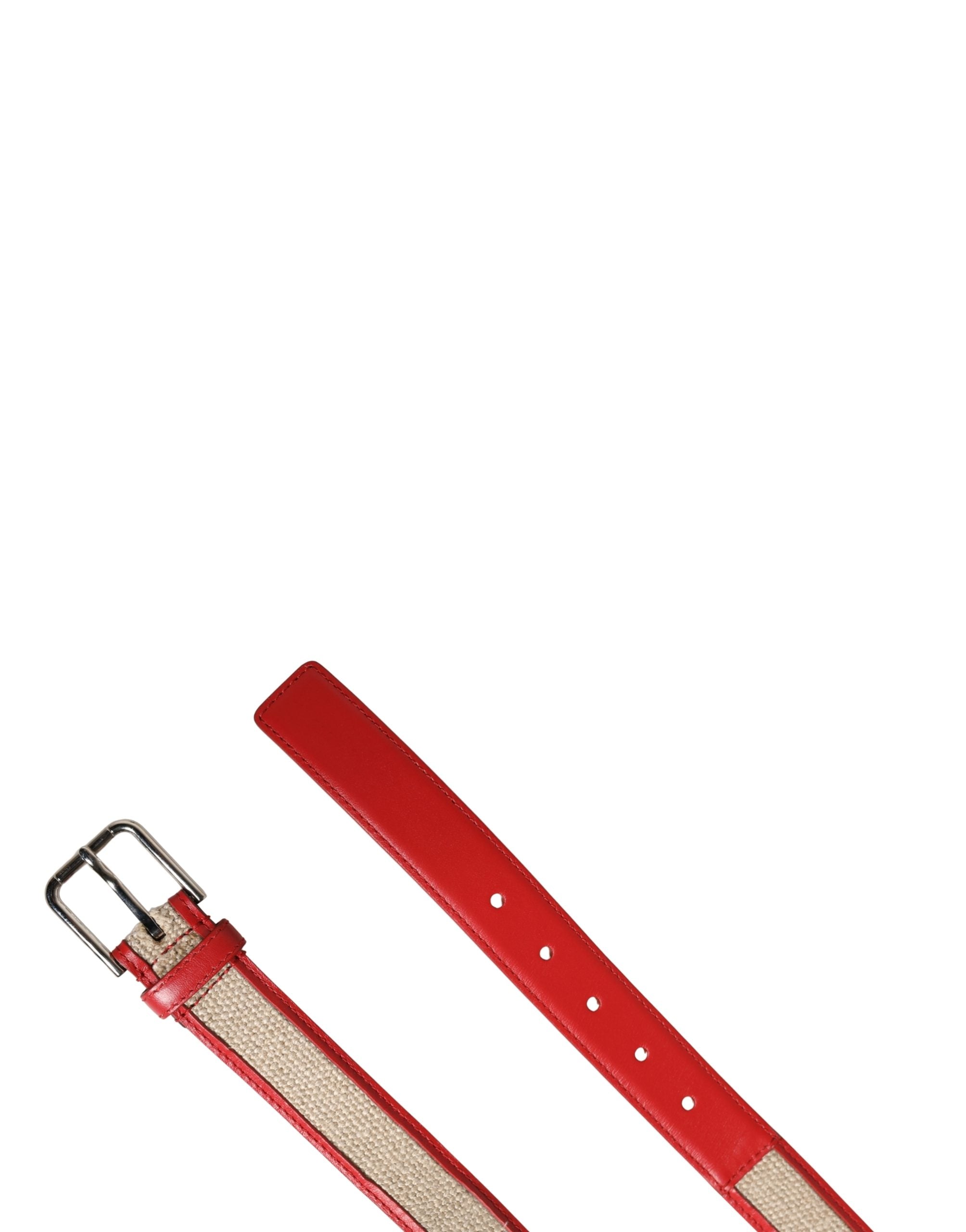 Men Beige Red Woven Leather Metal Buckle Belt - ventzia