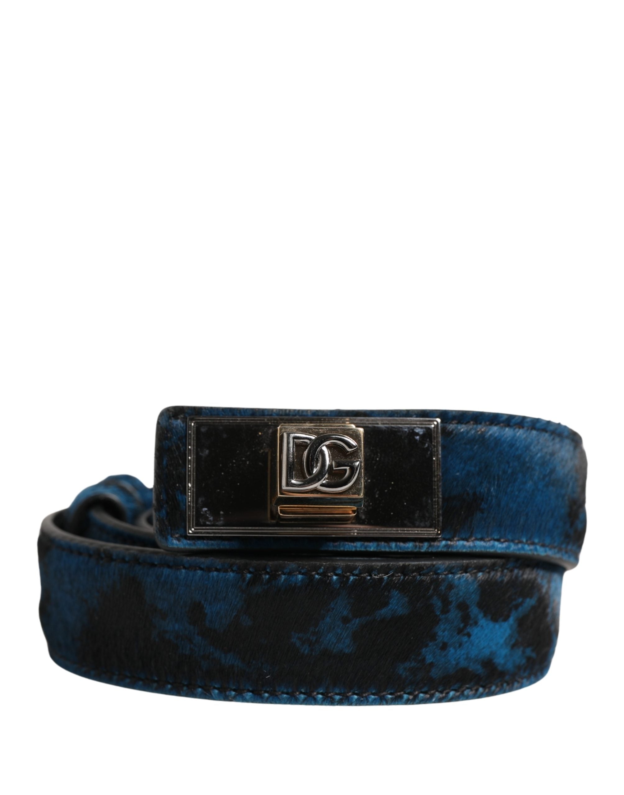 Men Blue Calf Leather Logo Metal Buckle Belt - ventzia