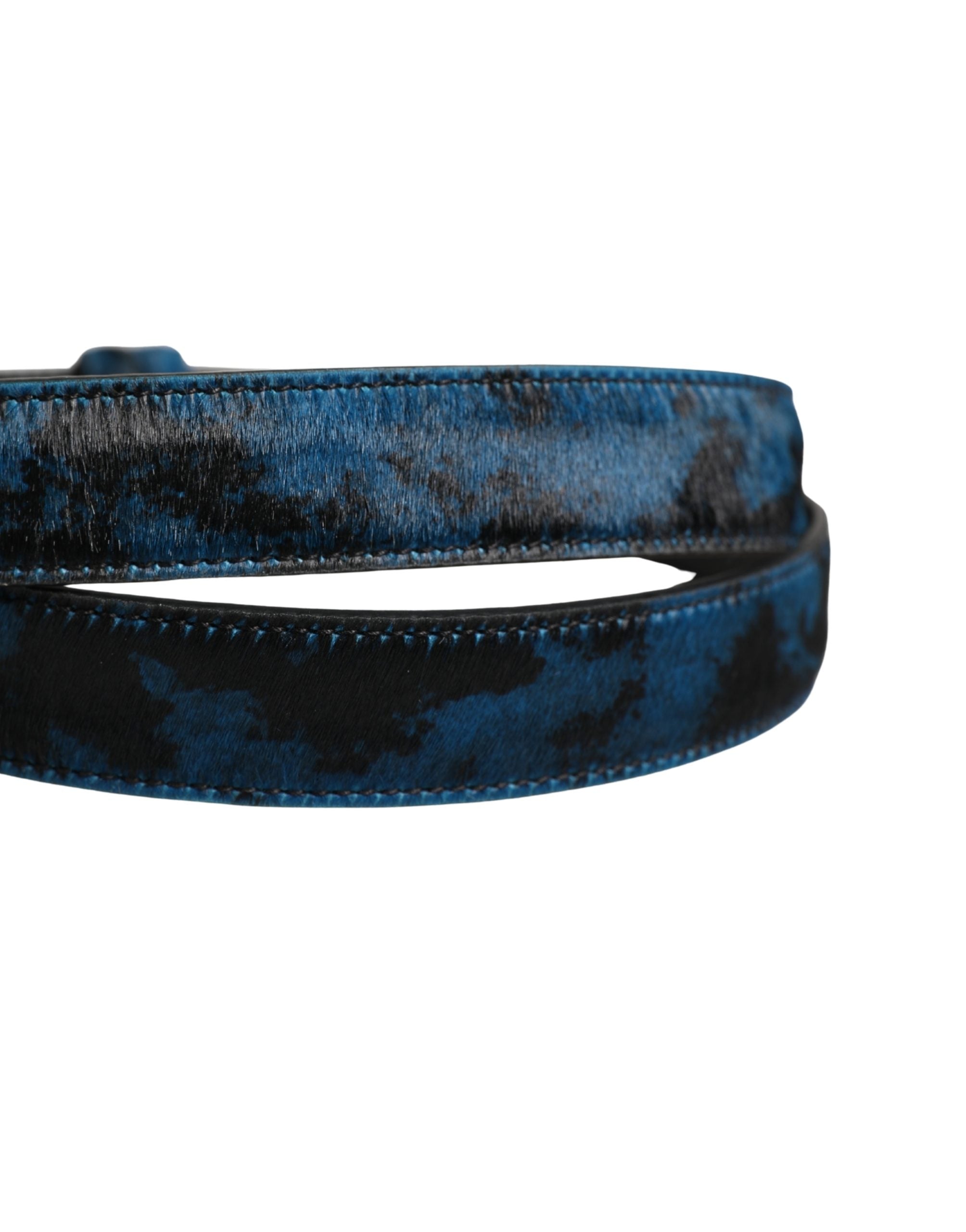 Men Blue Calf Leather Logo Metal Buckle Belt - ventzia