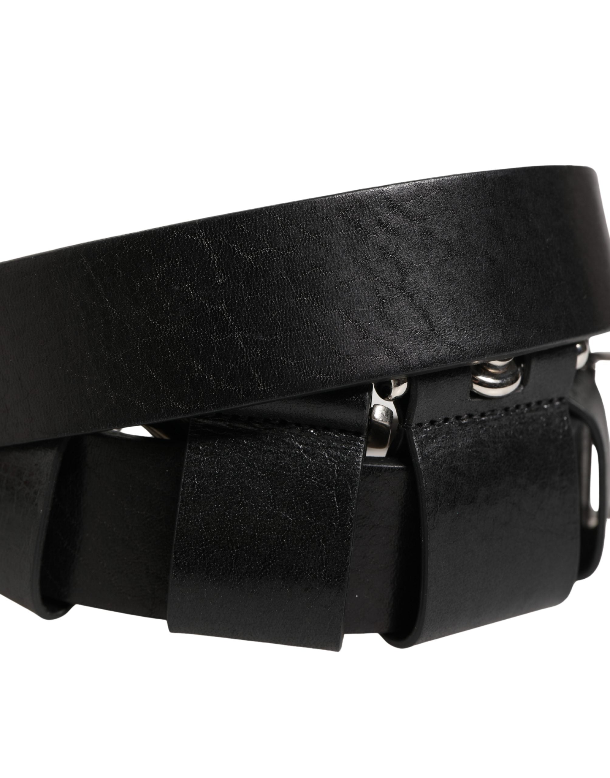 Black Calf Leather Silver Metal Buckle Belt - ventzia