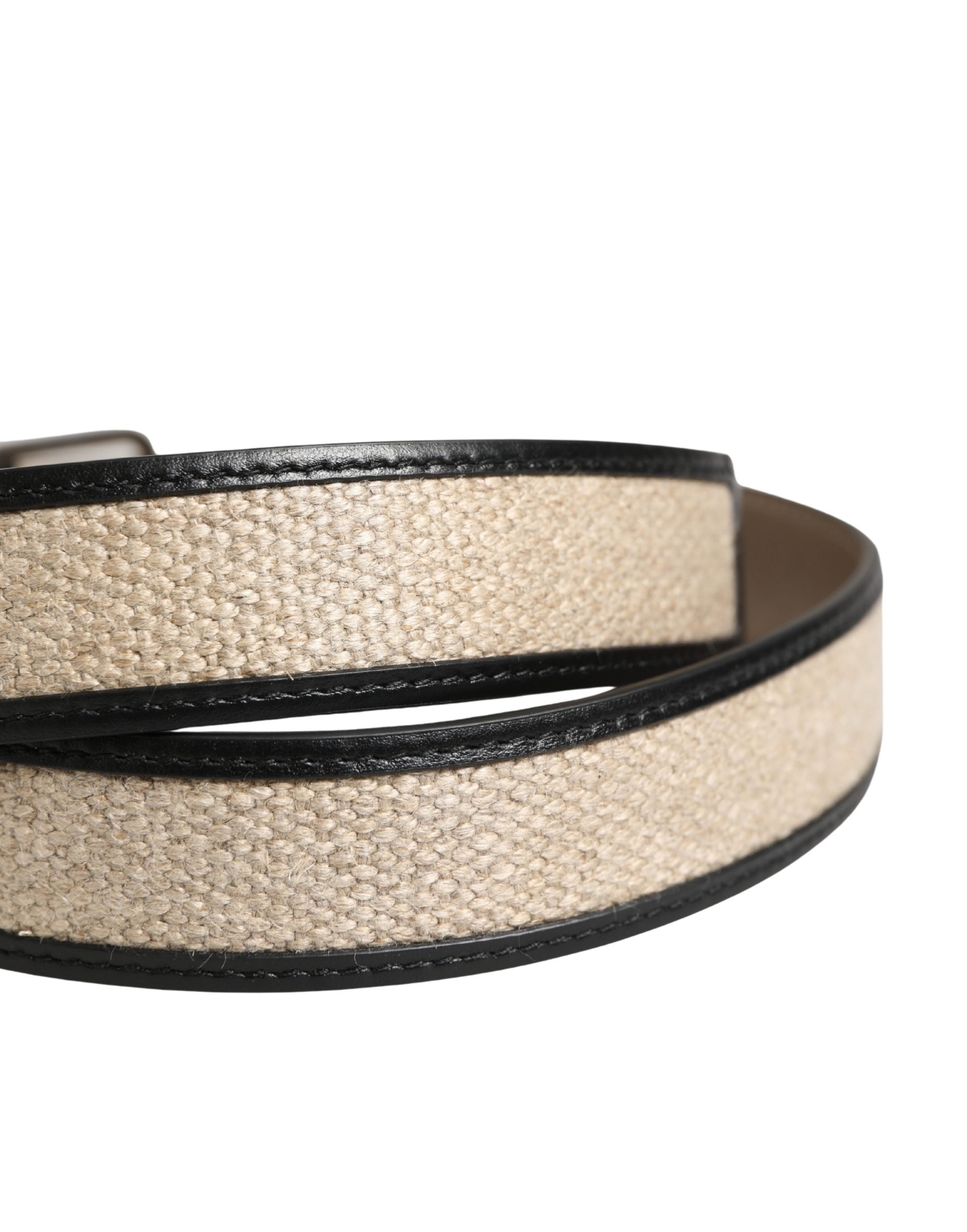 Men Beige Woven Leather Metal Buckle Belt - ventzia