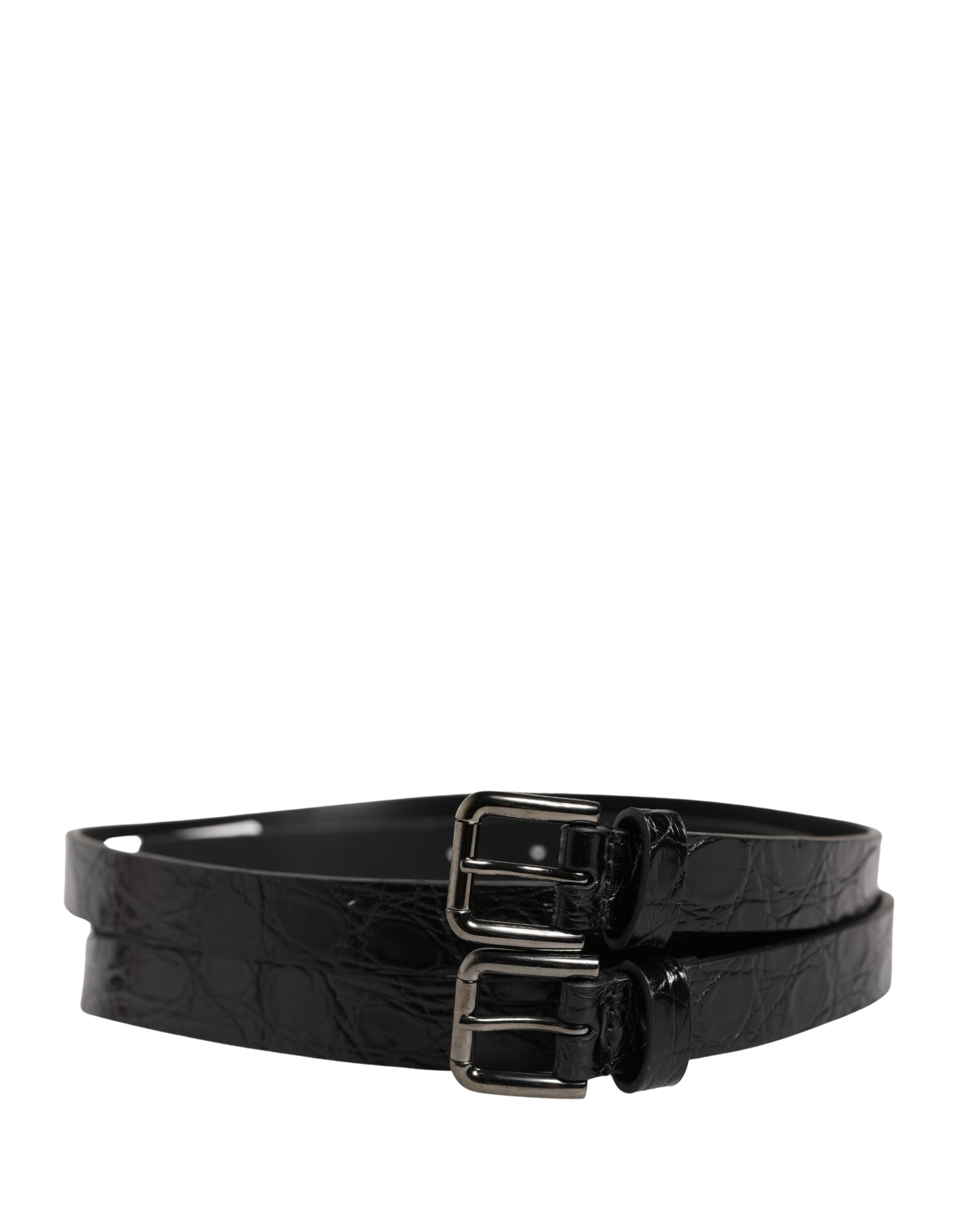 Black Double Strap Leather Silver Buckle Belt - ventzia
