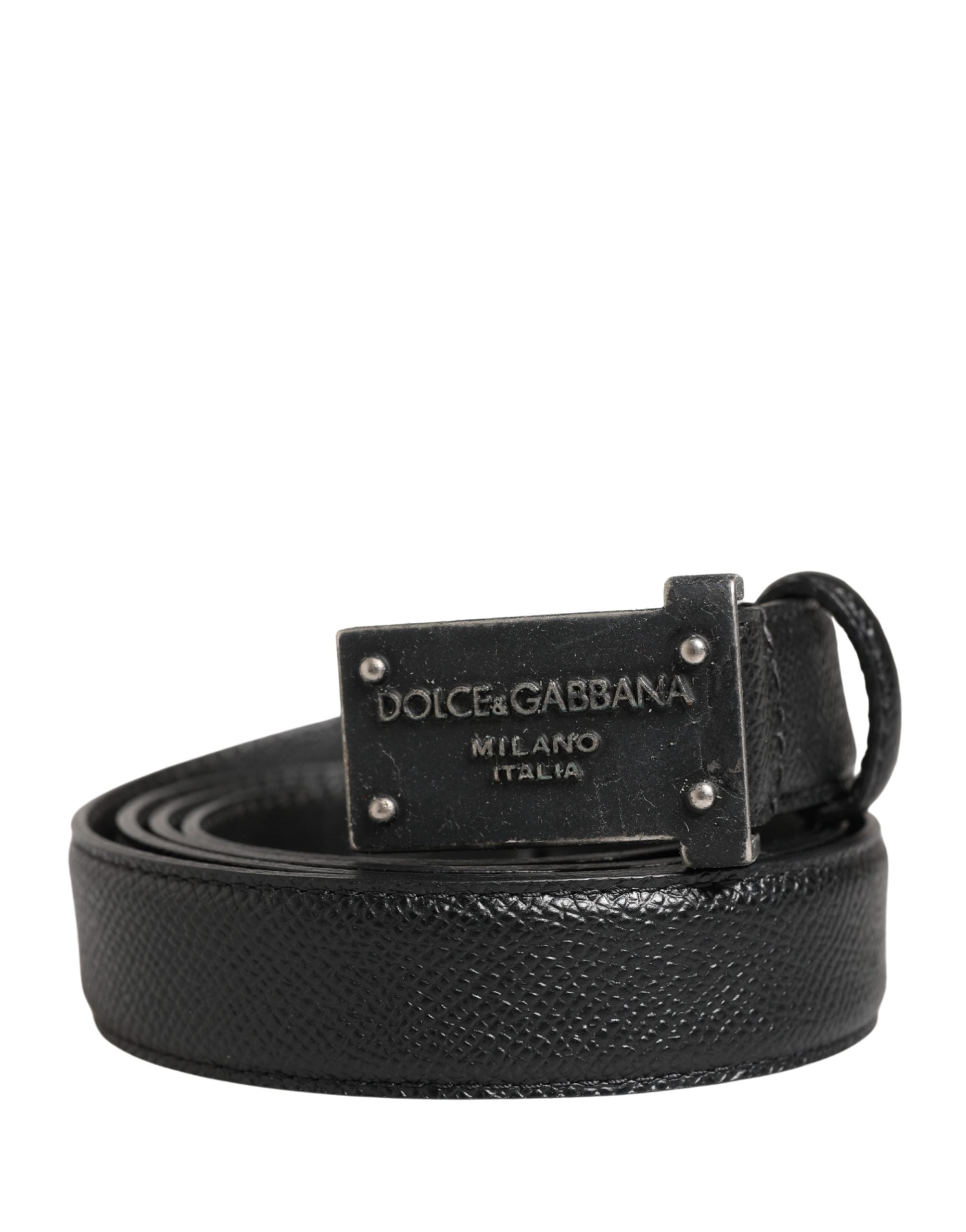 Men Black Calf Leather Logo Metal Buckle Belt - ventzia