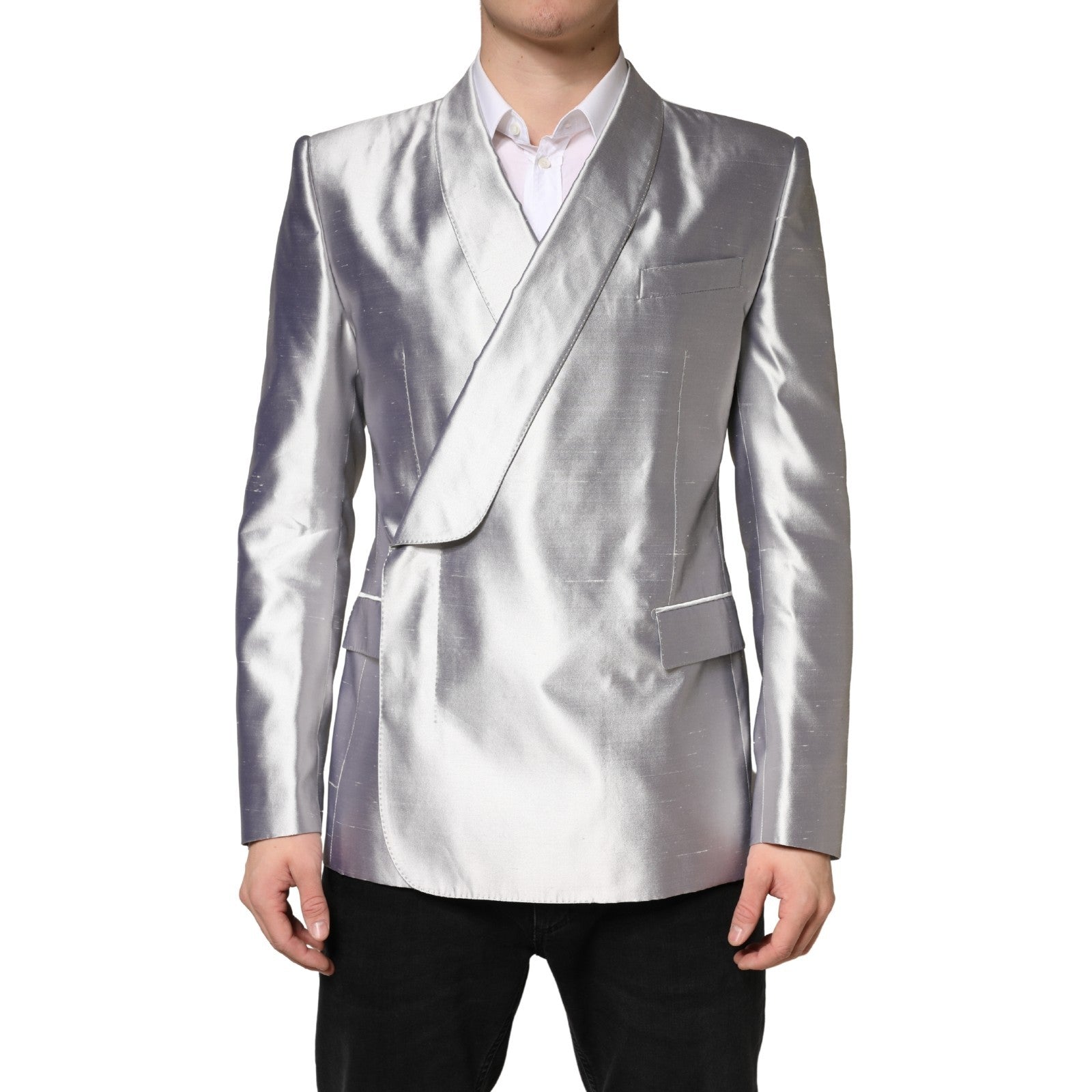 Silver SICILIA Silk Double Breasted Blazer - ventzia