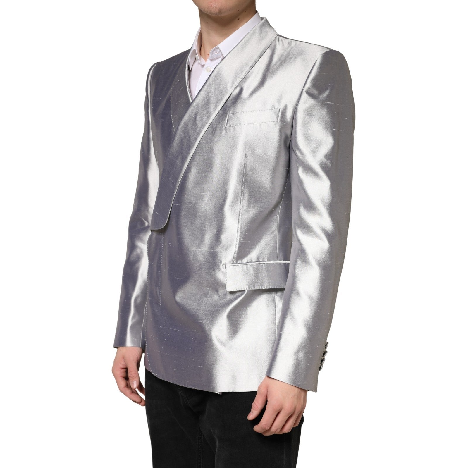 Silver SICILIA Silk Double Breasted Blazer - ventzia