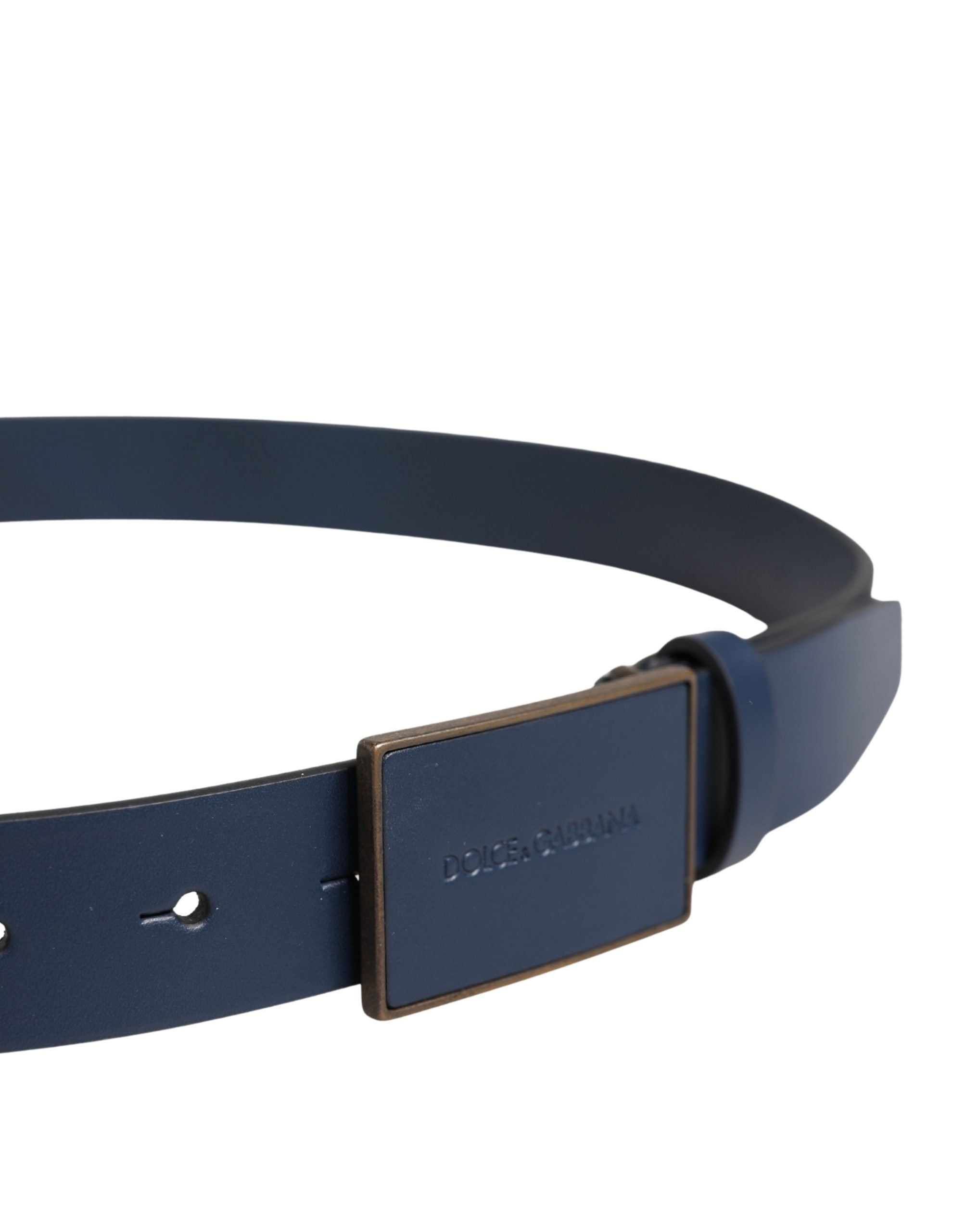 Men Blue Calf Leather Logo Metal Buckle Belt - ventzia