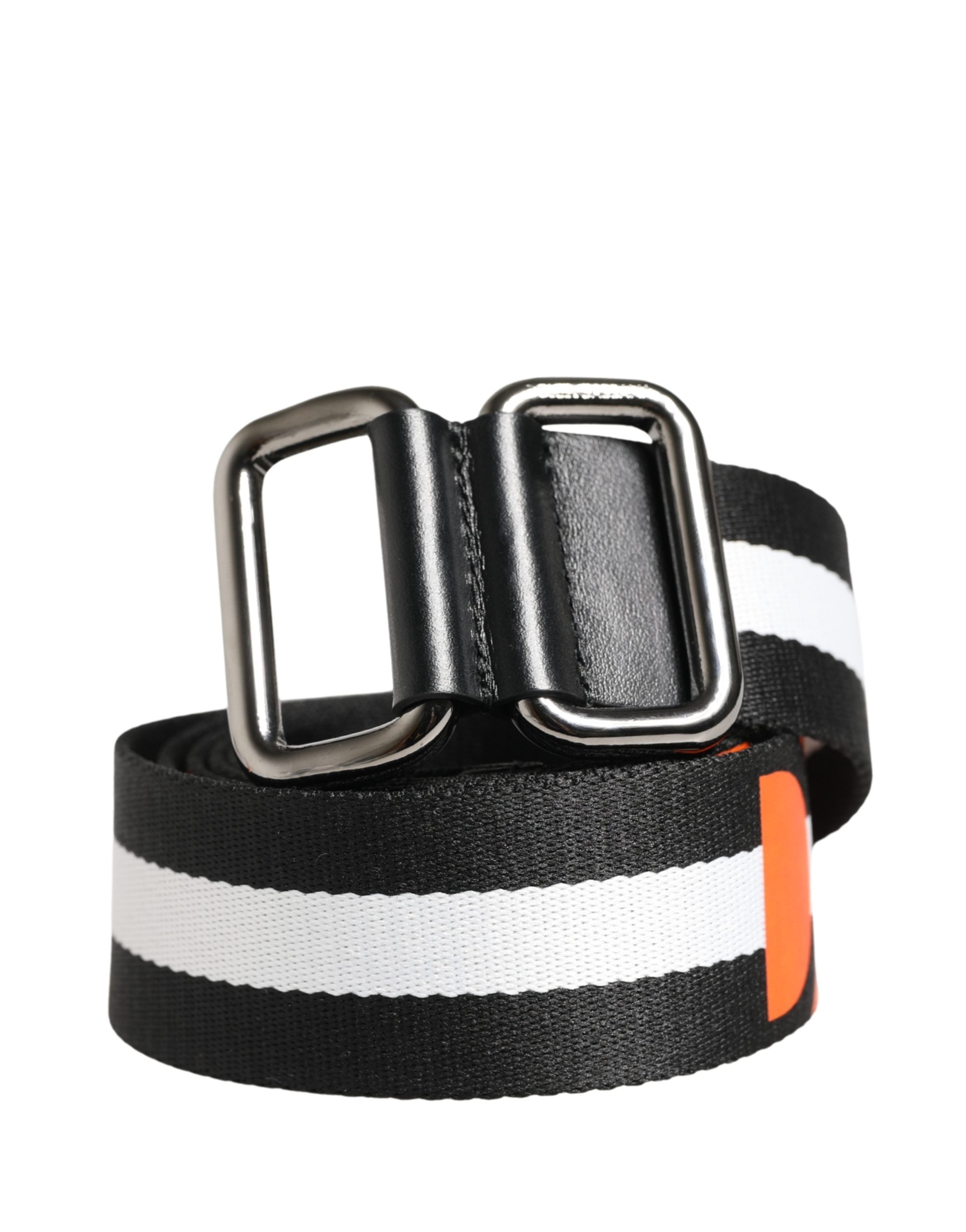 Men Black White Nylon Logo Metal Buckle Belt - ventzia